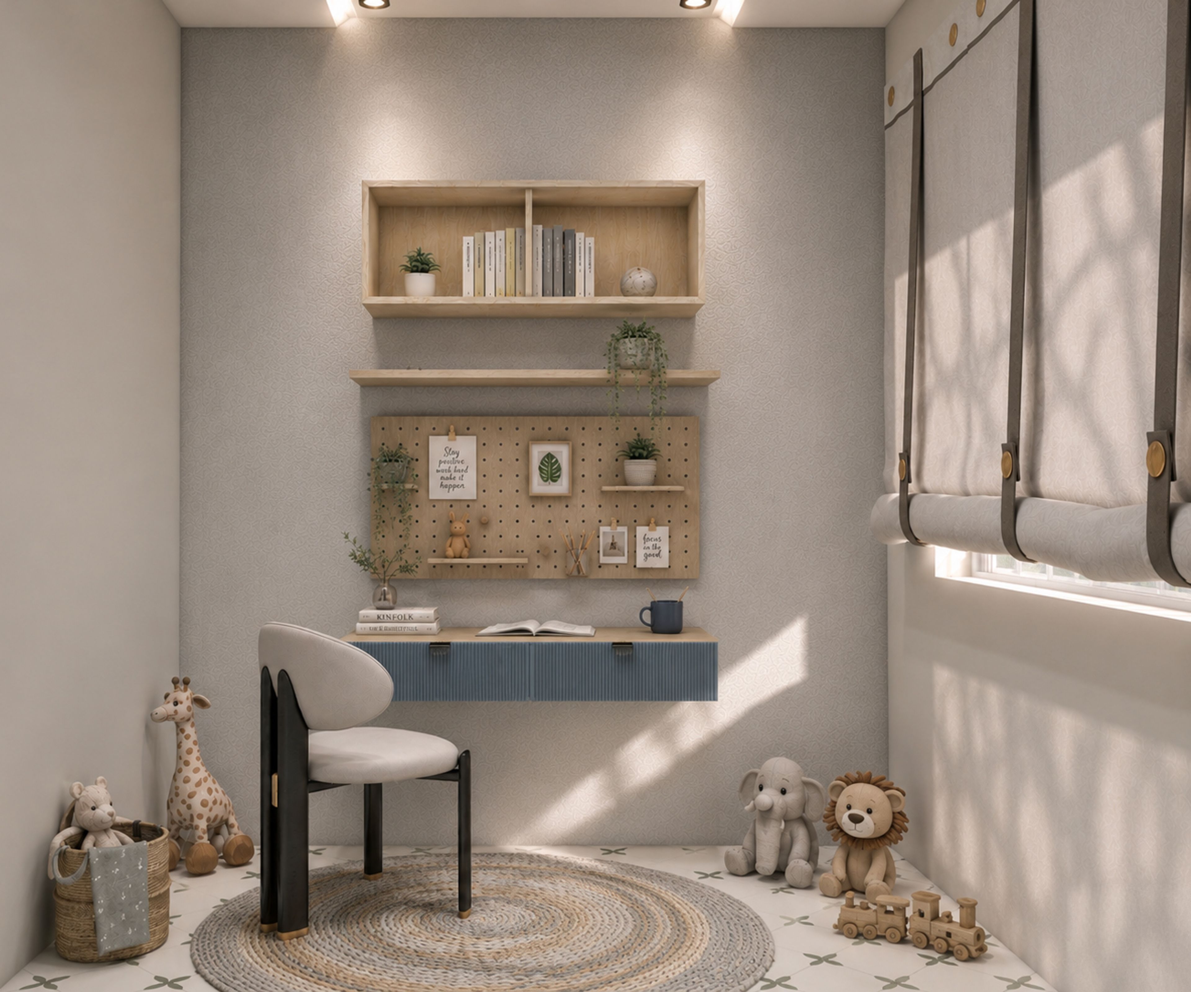 Scandinavian Denim Suedette Home Office Design with Fluted Desk and Pegboard