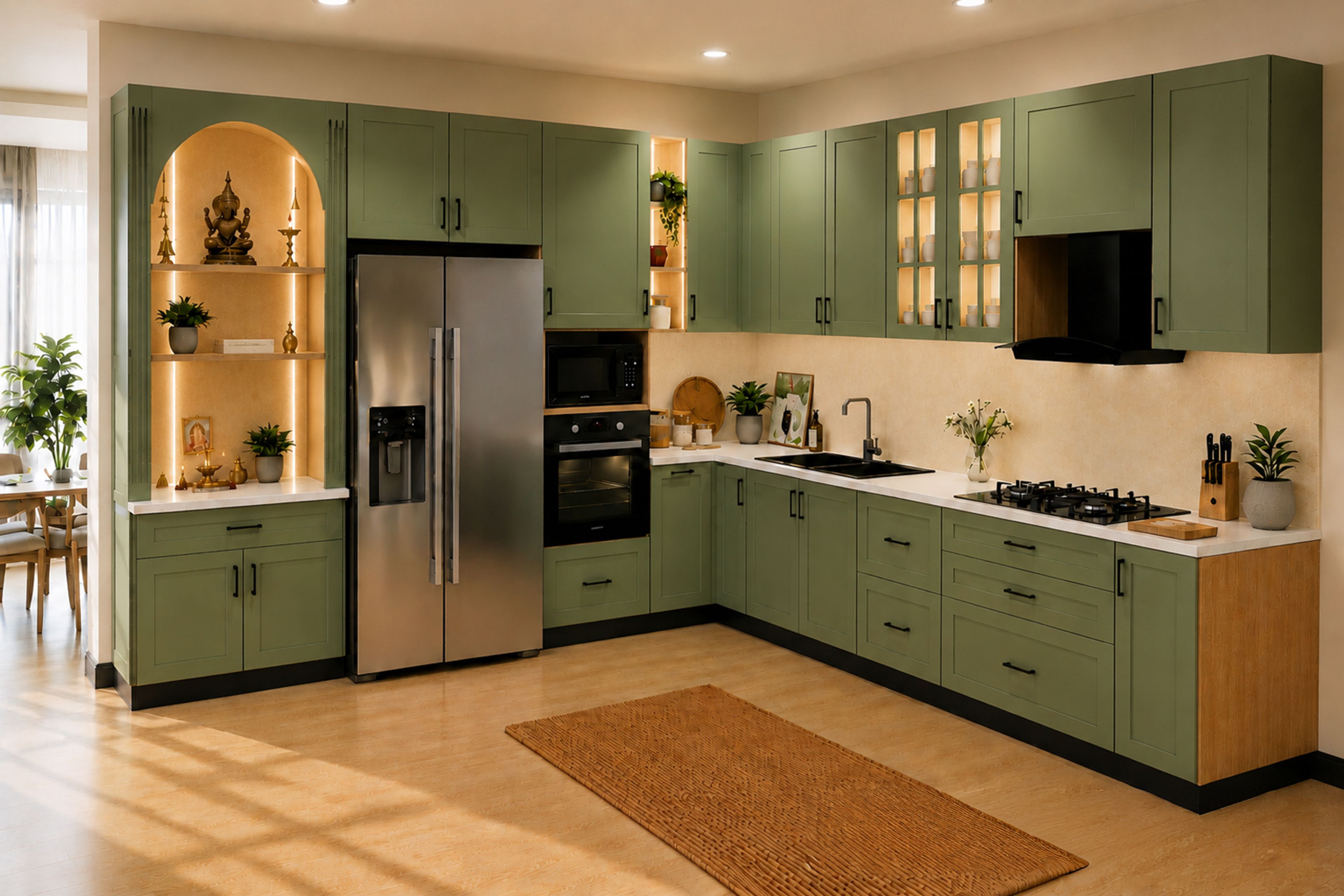 L-Shaped Kitchen Design with Arched Pooja Niche