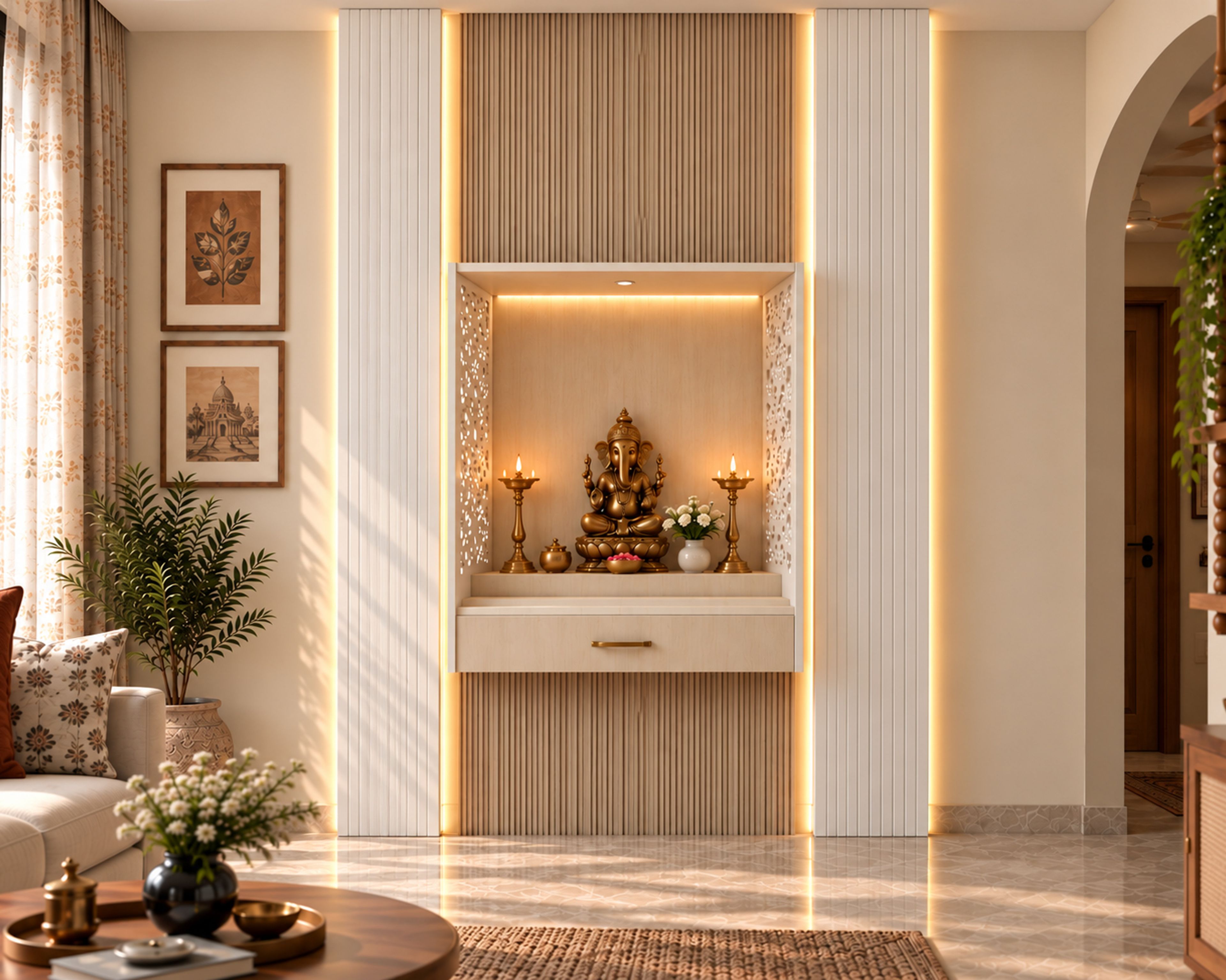 Contemporary Wall Mounted Pooja Unit Design with White Jali Side Panels