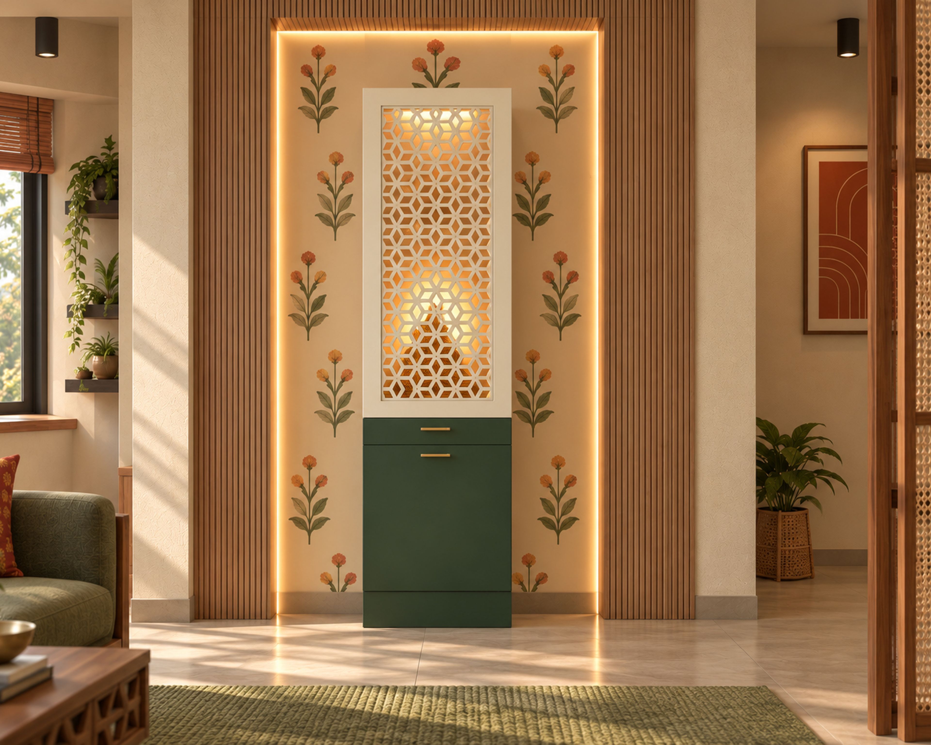 Traditional Tall Pooja Unit Design with Green Cabinet and Jali Door