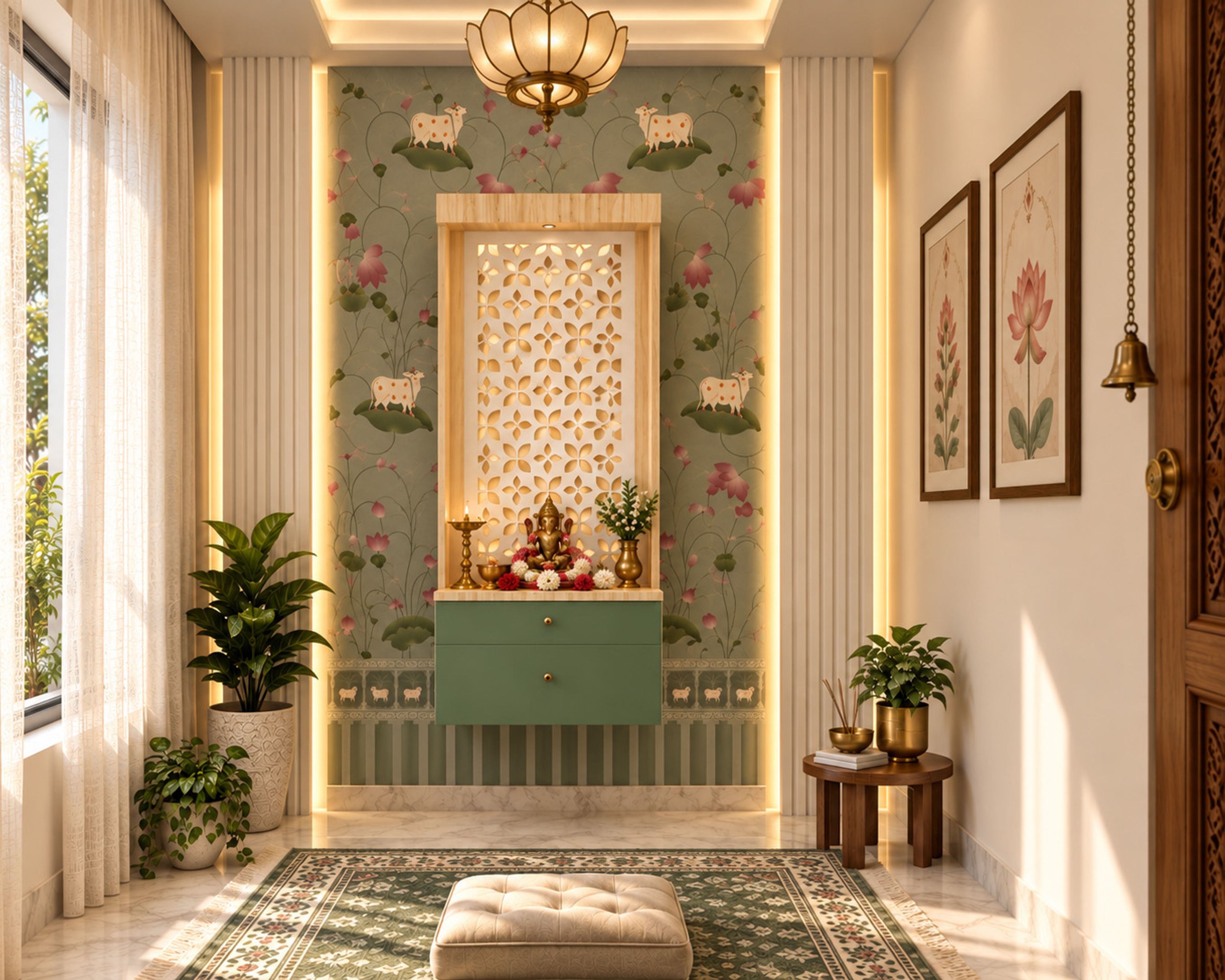 Pooja Room Design with Aloe Green Drawer and Pichwai Wall