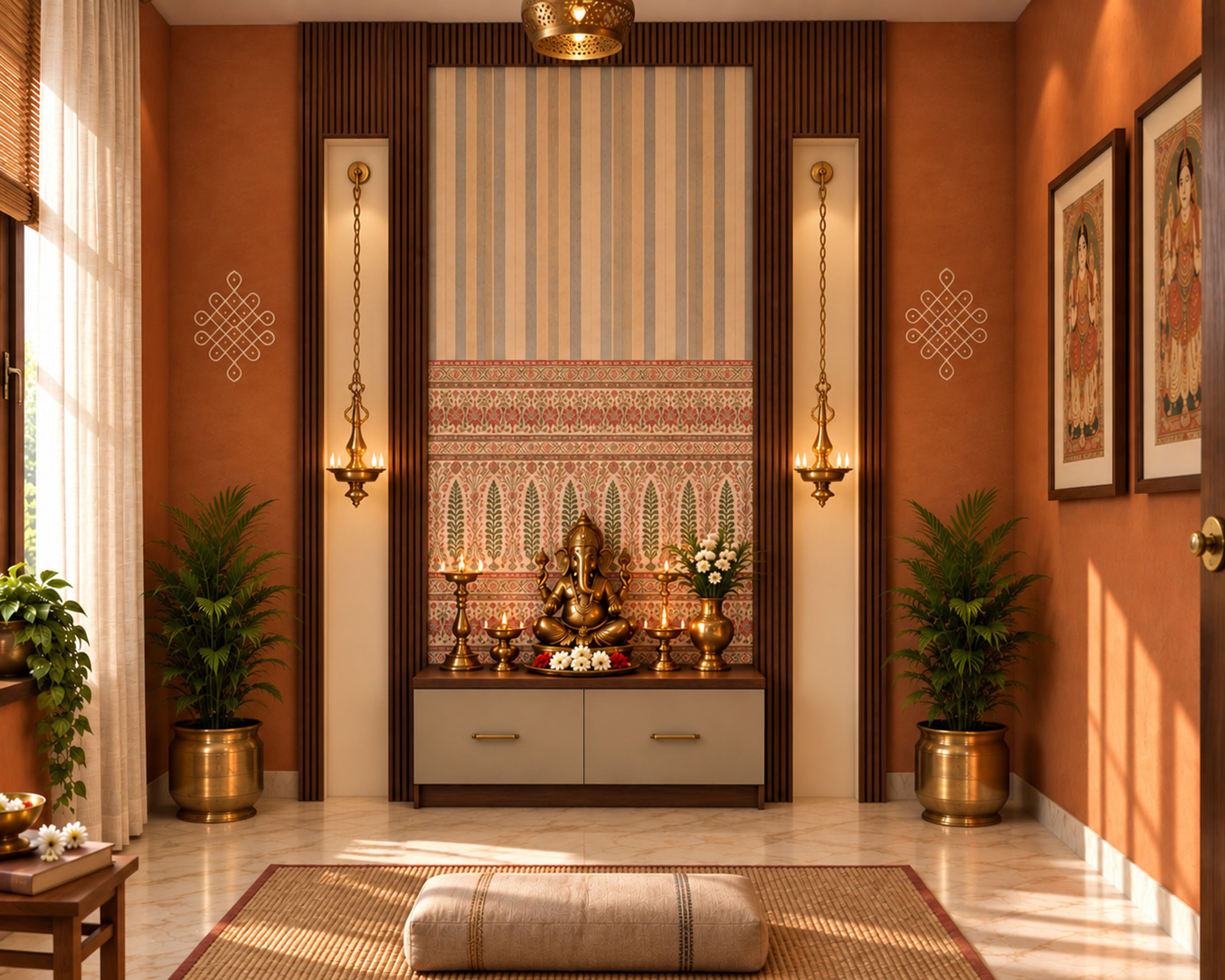 Pooja Room Design with Terracotta Wall and Kolam Art