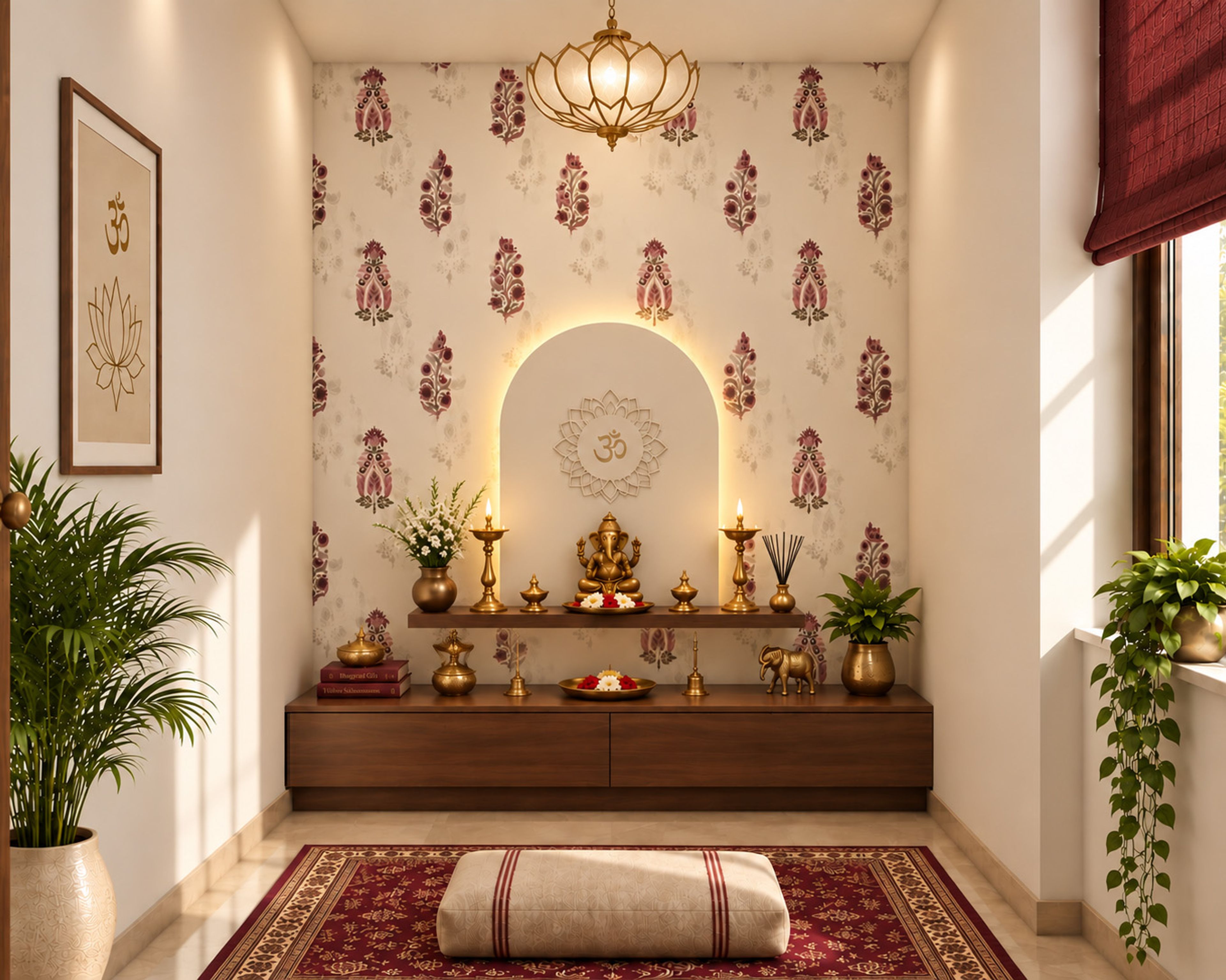 Wood Pooja Room Design with Backlit Arch and Lotus Lamp