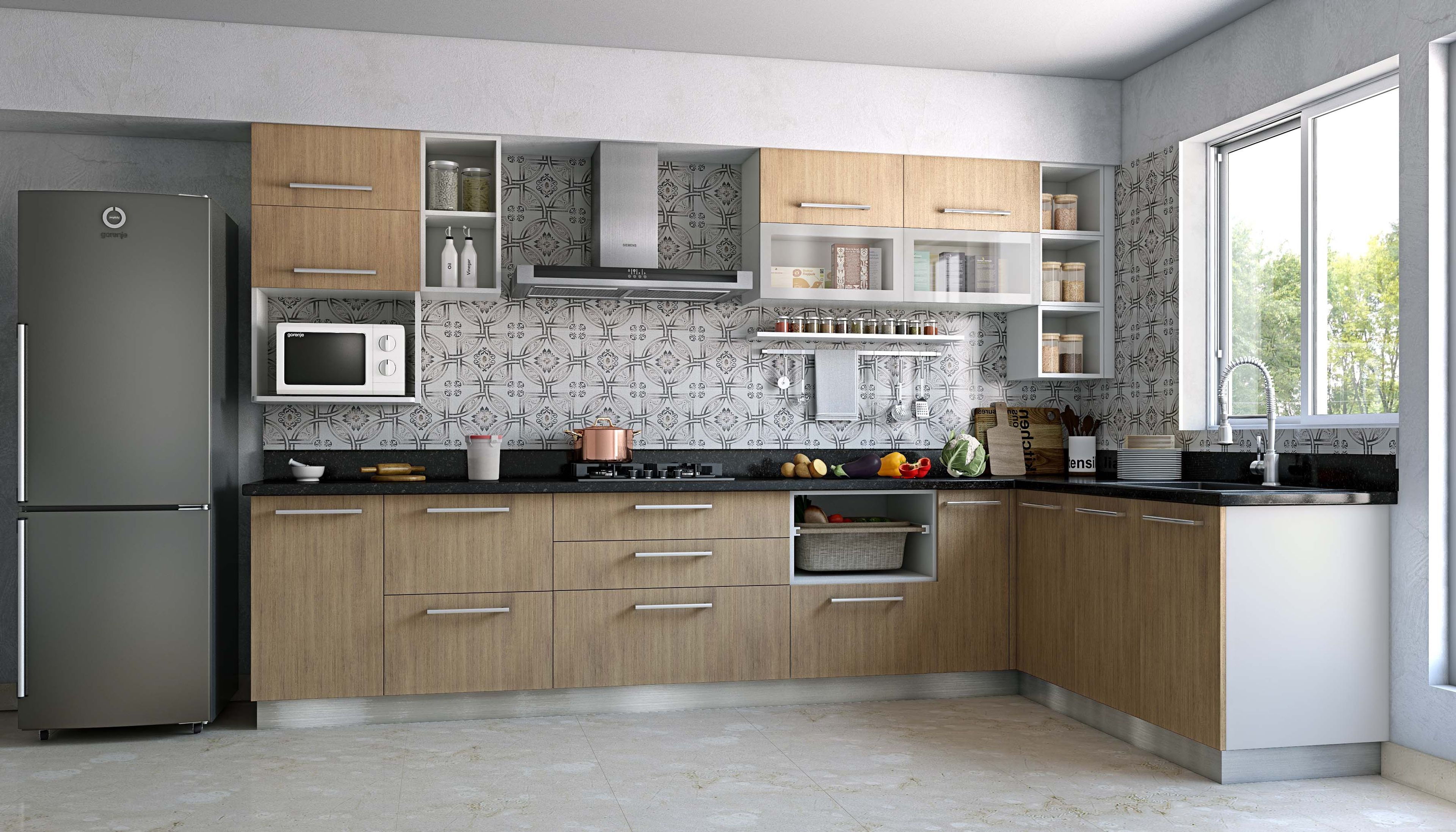 Kitchen Tile Design with Grey Geometric and Floral Motifs