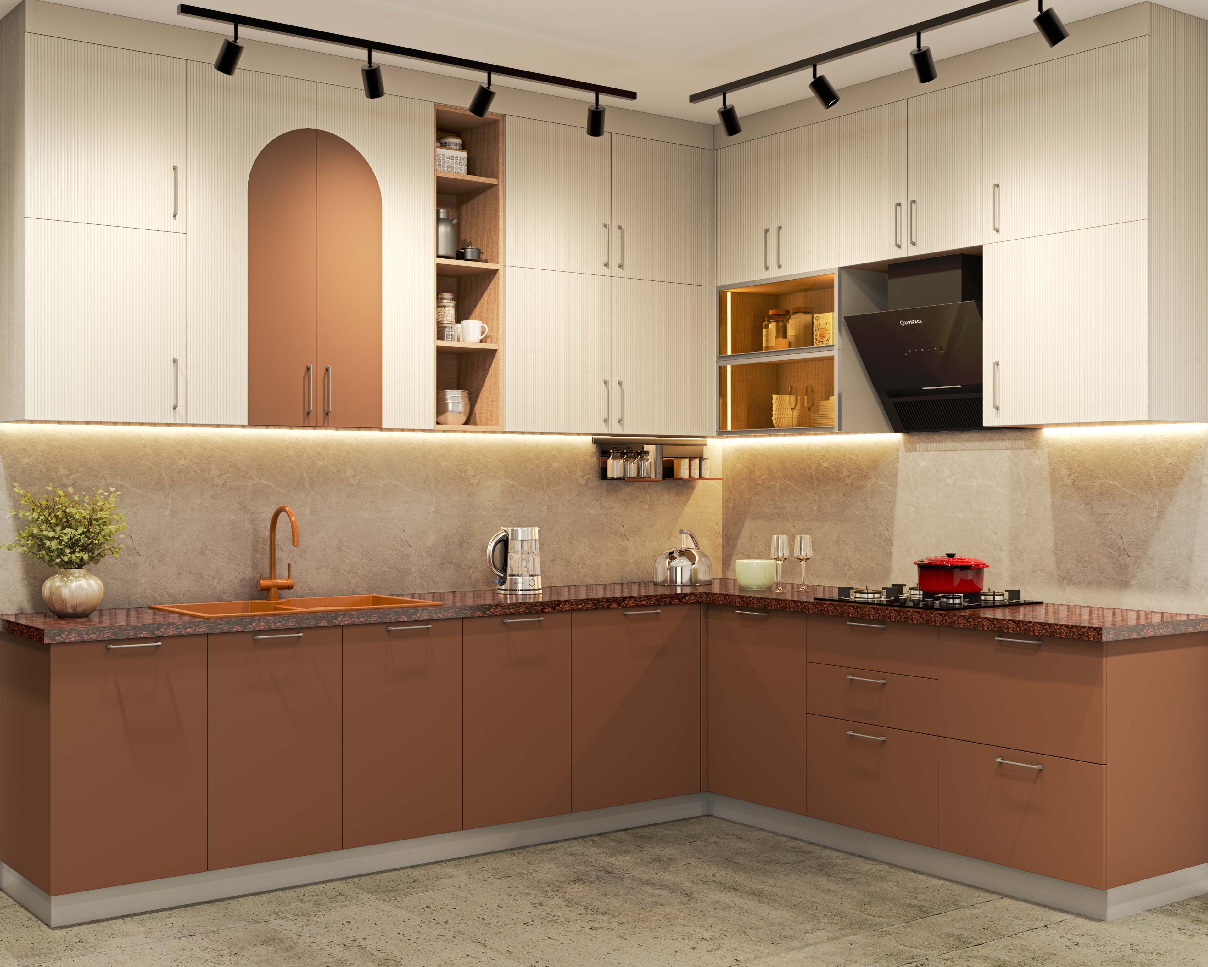 Kitchen Tile Design with Beige Stone Look and LED Strip