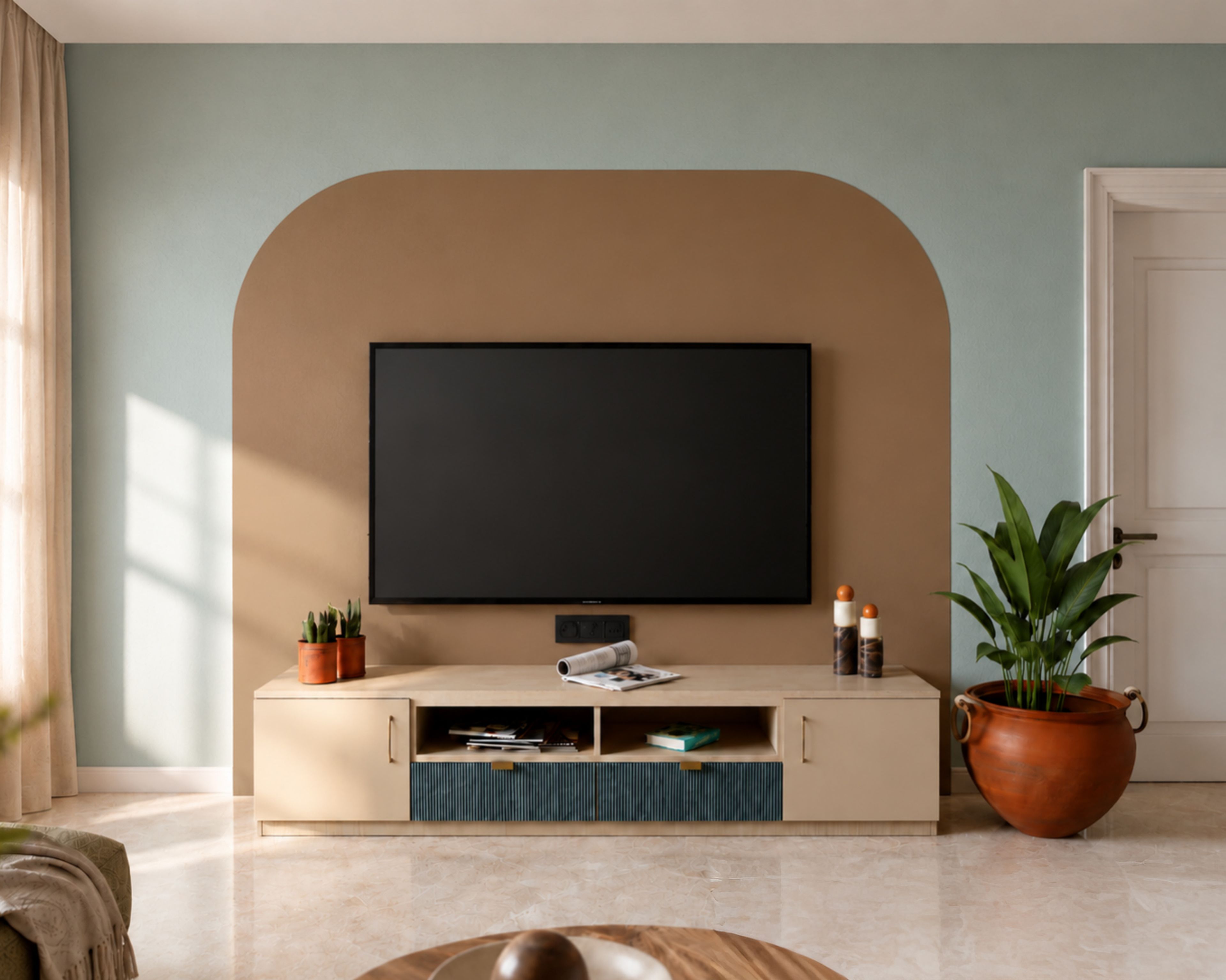 TV Unit Design with Terracotta Planter and Brass Lamps