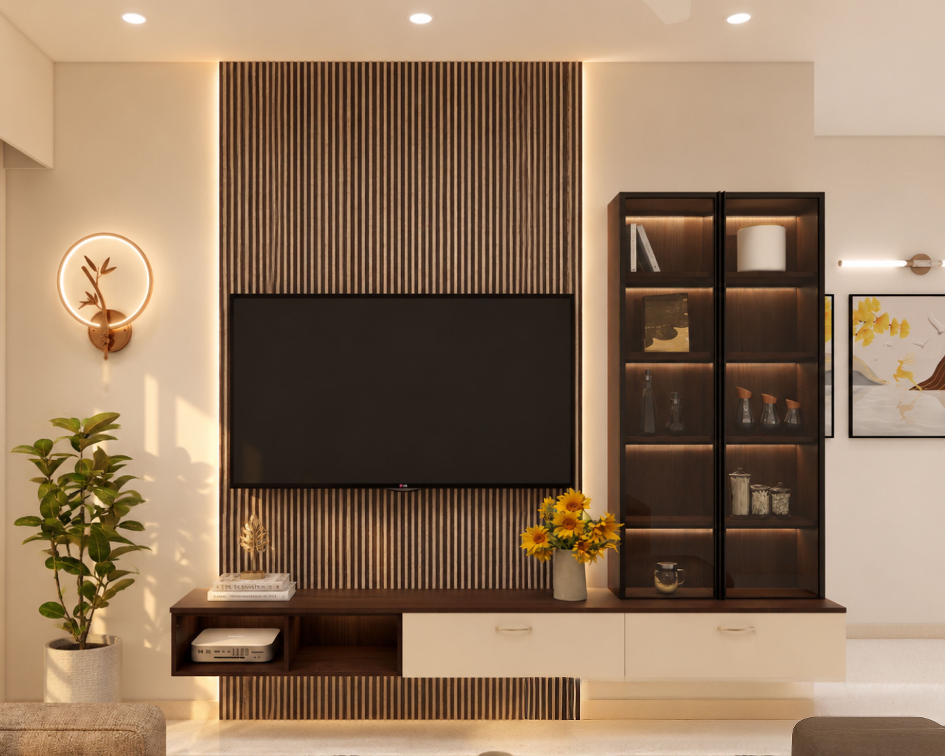 TV Unit Design with Pull Out Drawers and Open AV Shelves