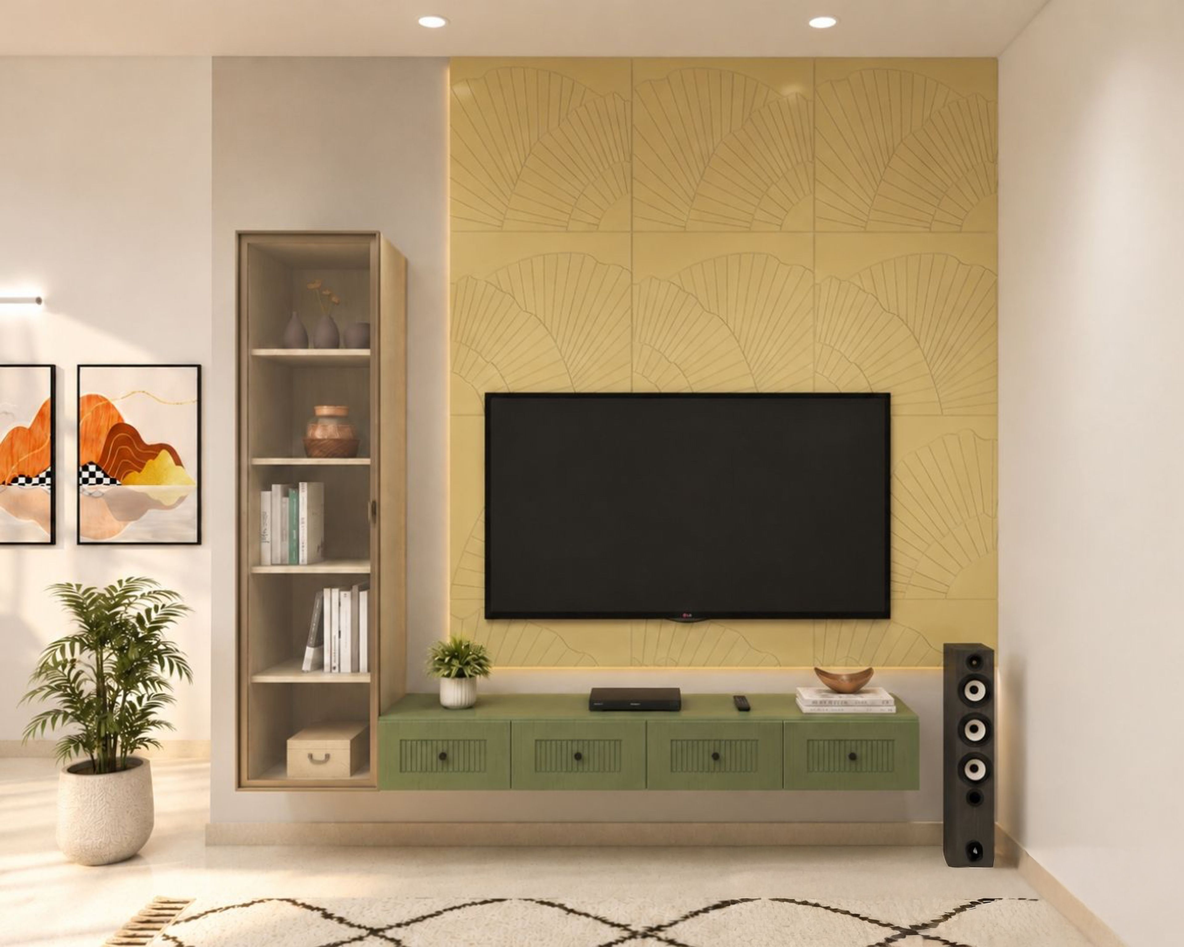 TV Unit Design with Fan Patterned Wall and Tall Speaker