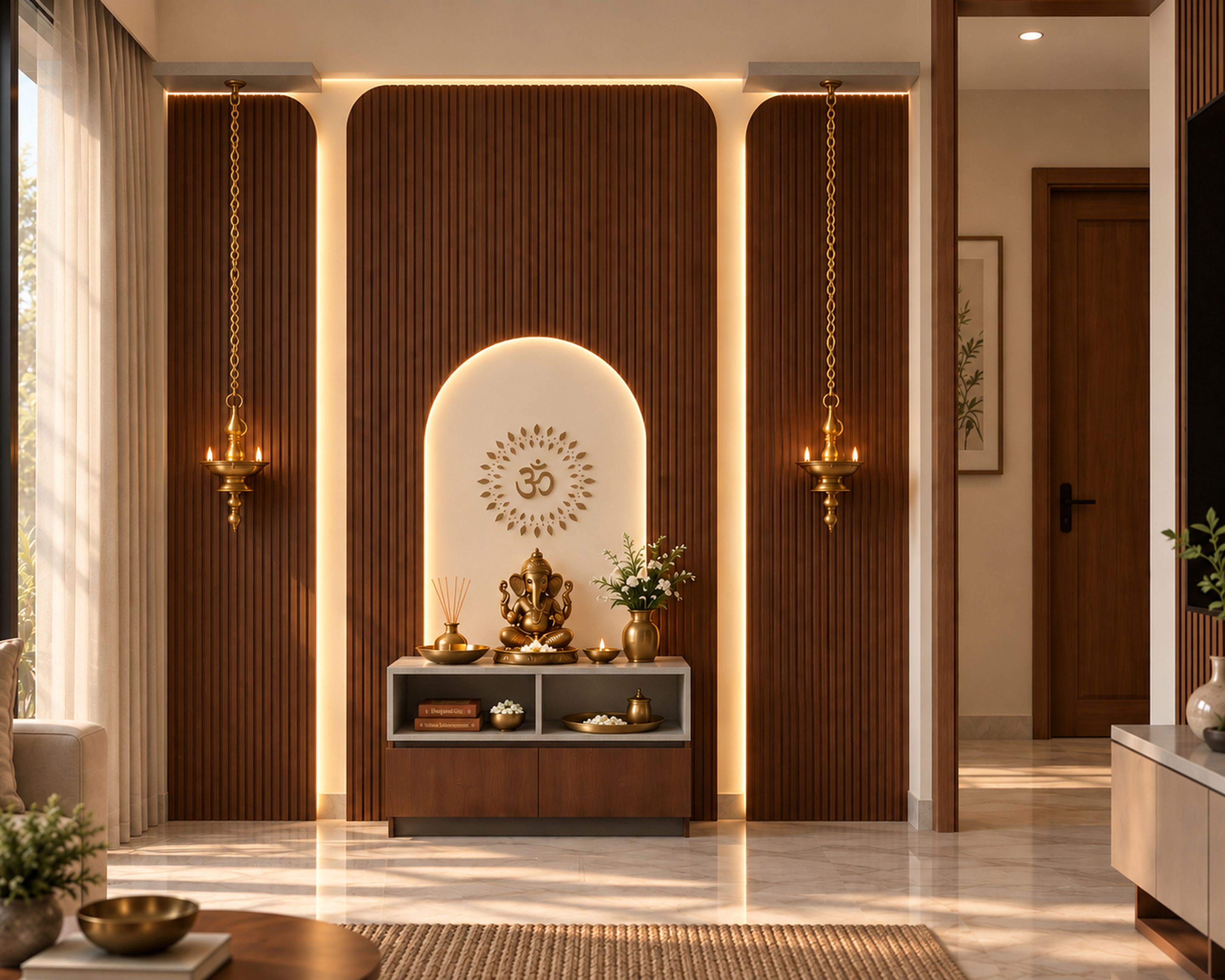 Transitional Pooja Room Wall Design with Brass Hanging Oil Lamps