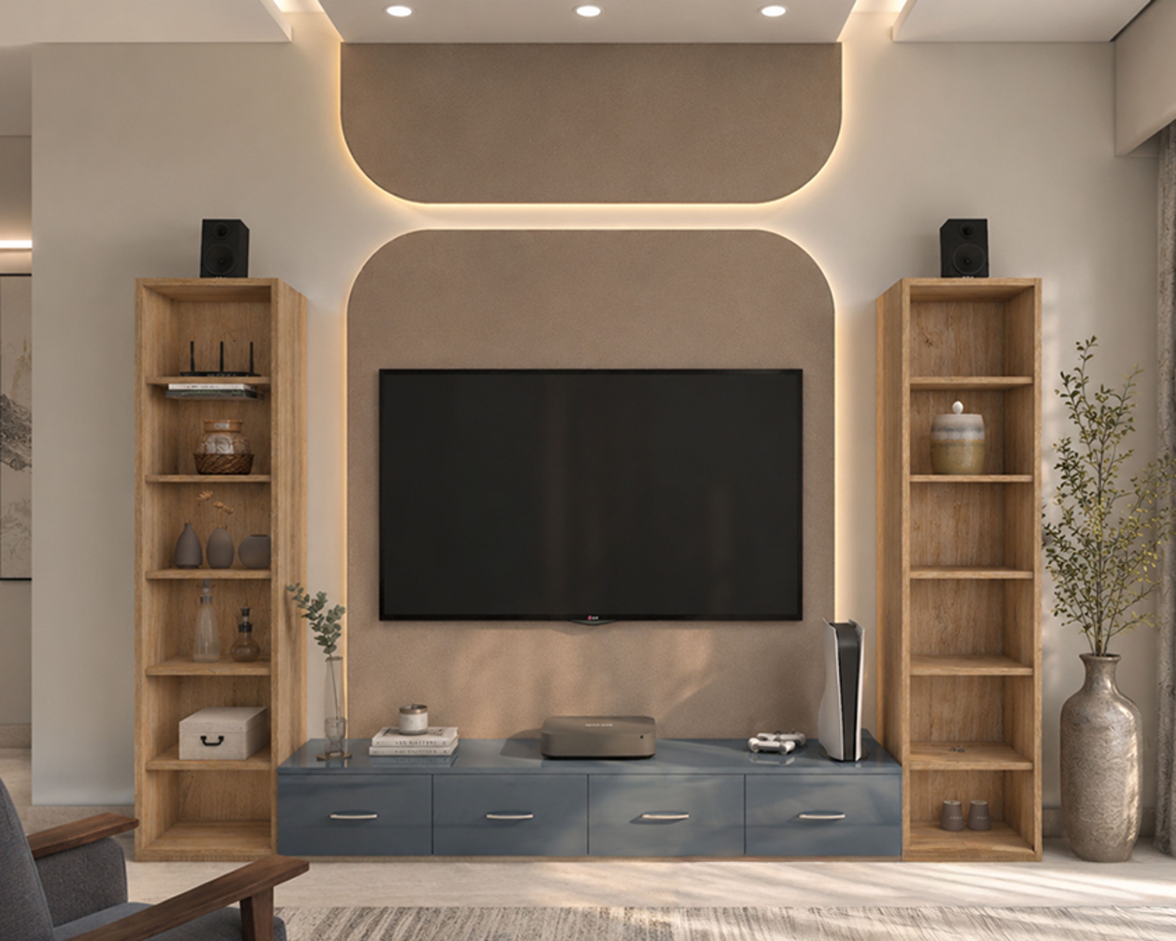 Contemporary Living Room Wall Design with Blue Grey Storage Drawers
