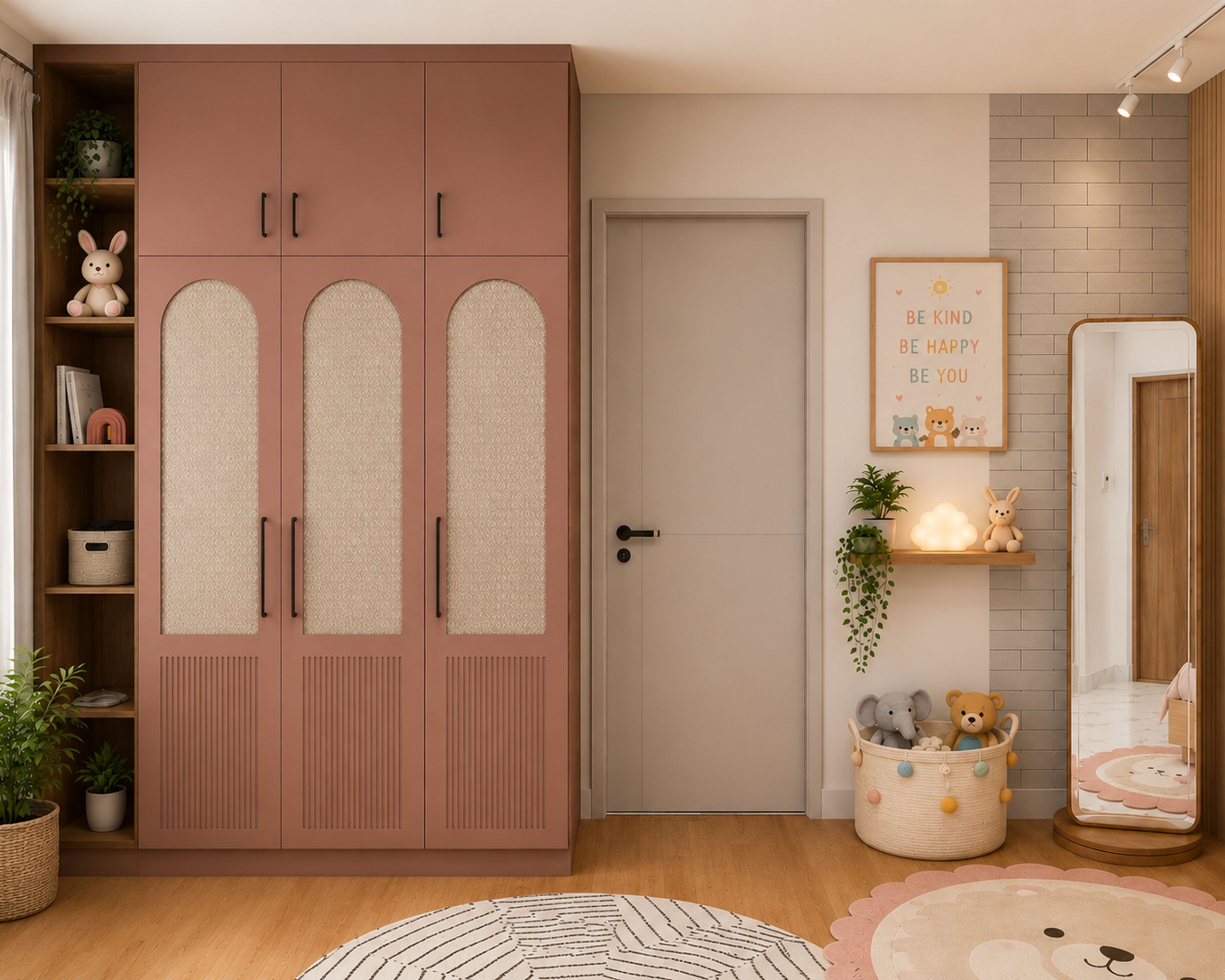 Modern Cajun Swing Wardrobe Design with Open Unit and Cane Infill