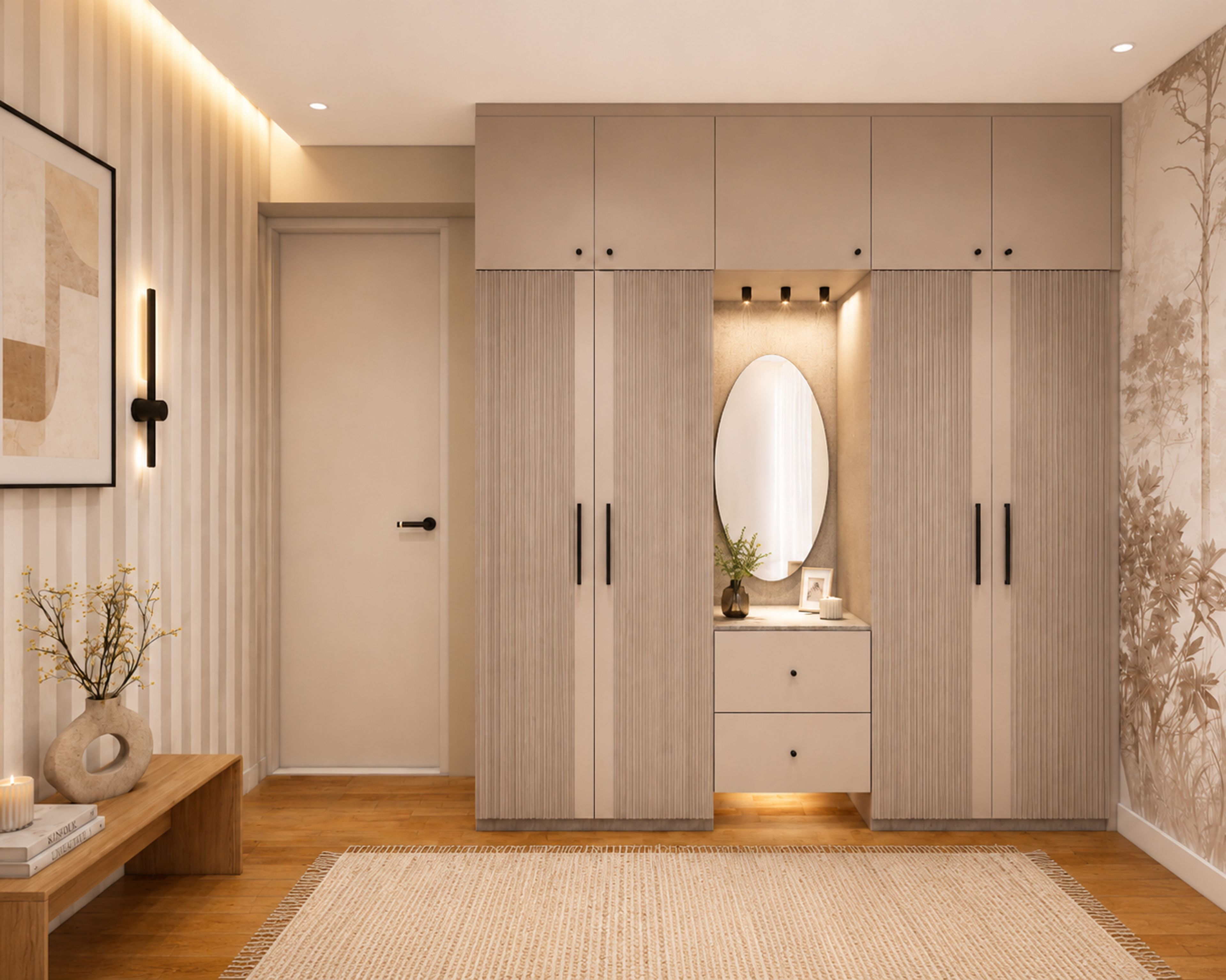 Contemporary Grey Swing Wardrobe Design with Niche Dresser and Oval Mirror