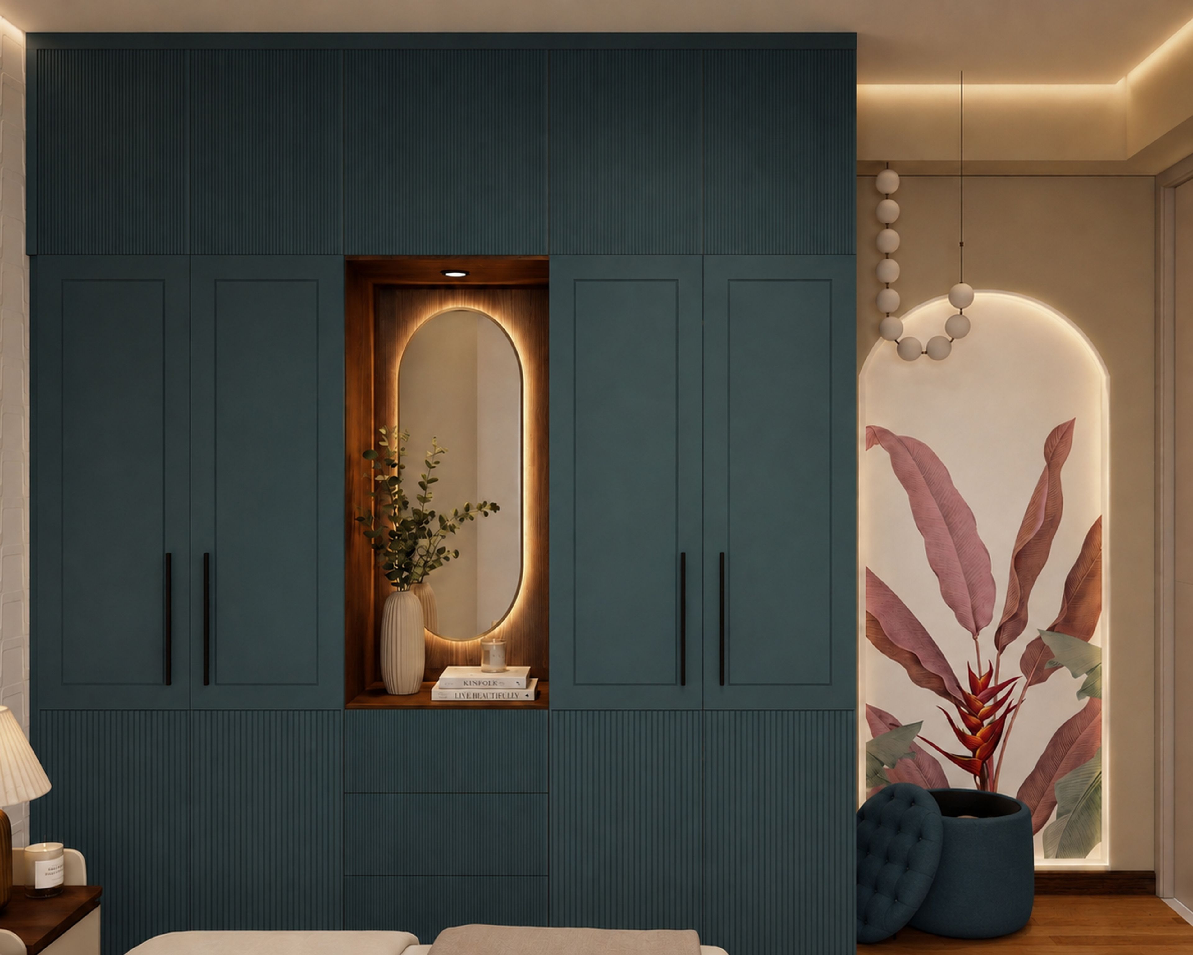 Modern Green Swing Wardrobe Design with Integrated Dresser and Arched Mirror