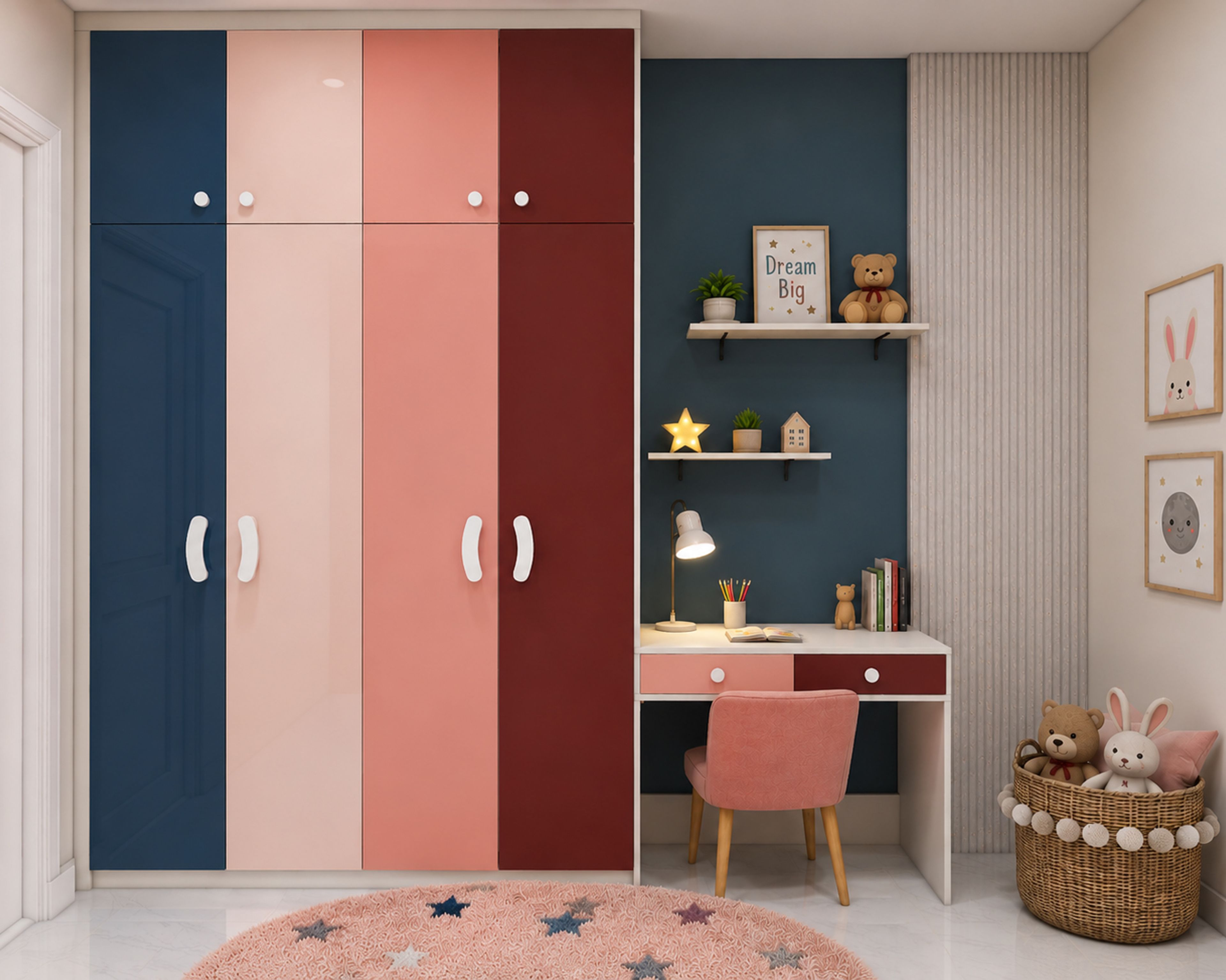 Modern Color Blocked Swing Wardrobe Design with Integrated Study
