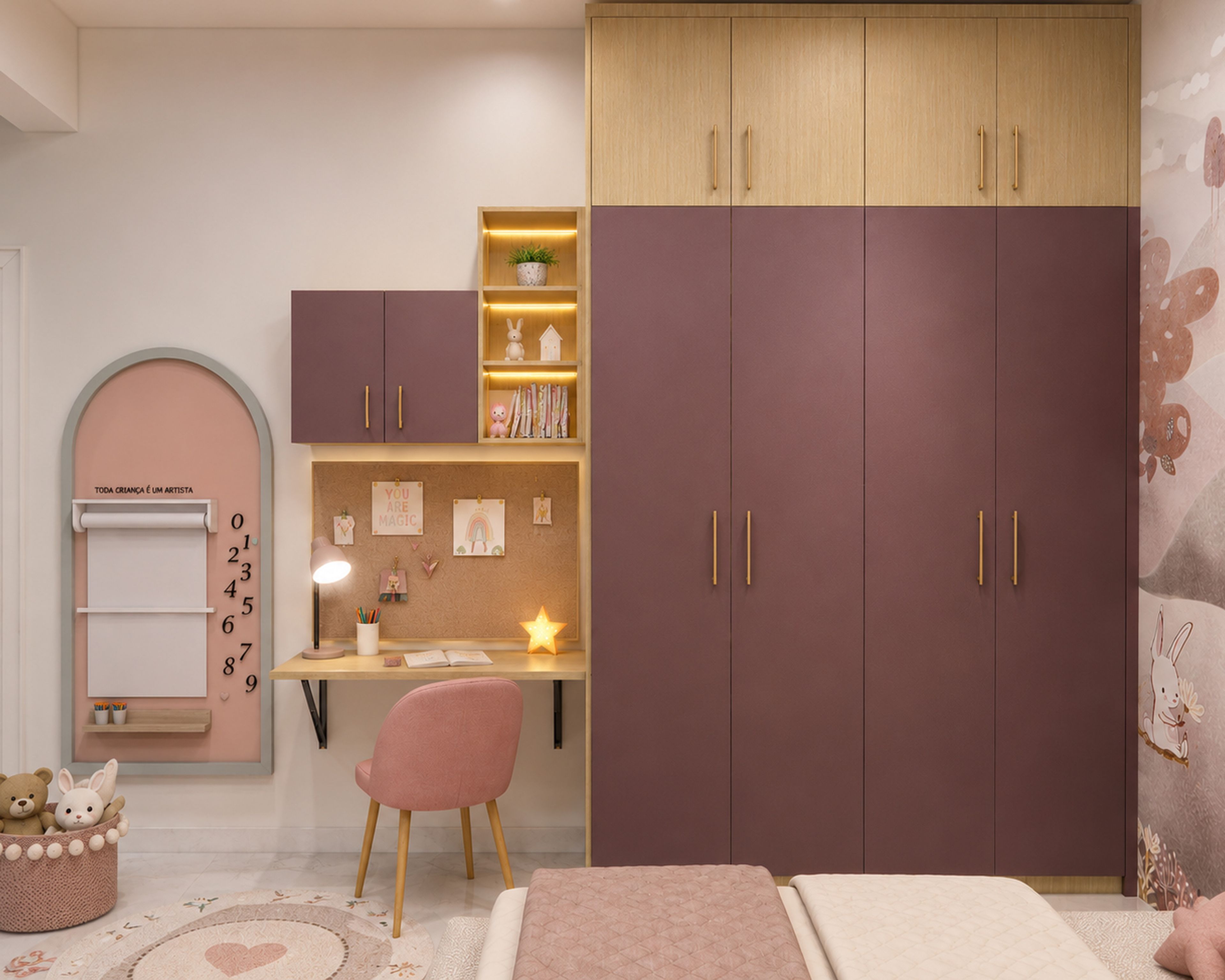 Contemporary Violet Swing Wardrobe Design with Integrated Study Desk