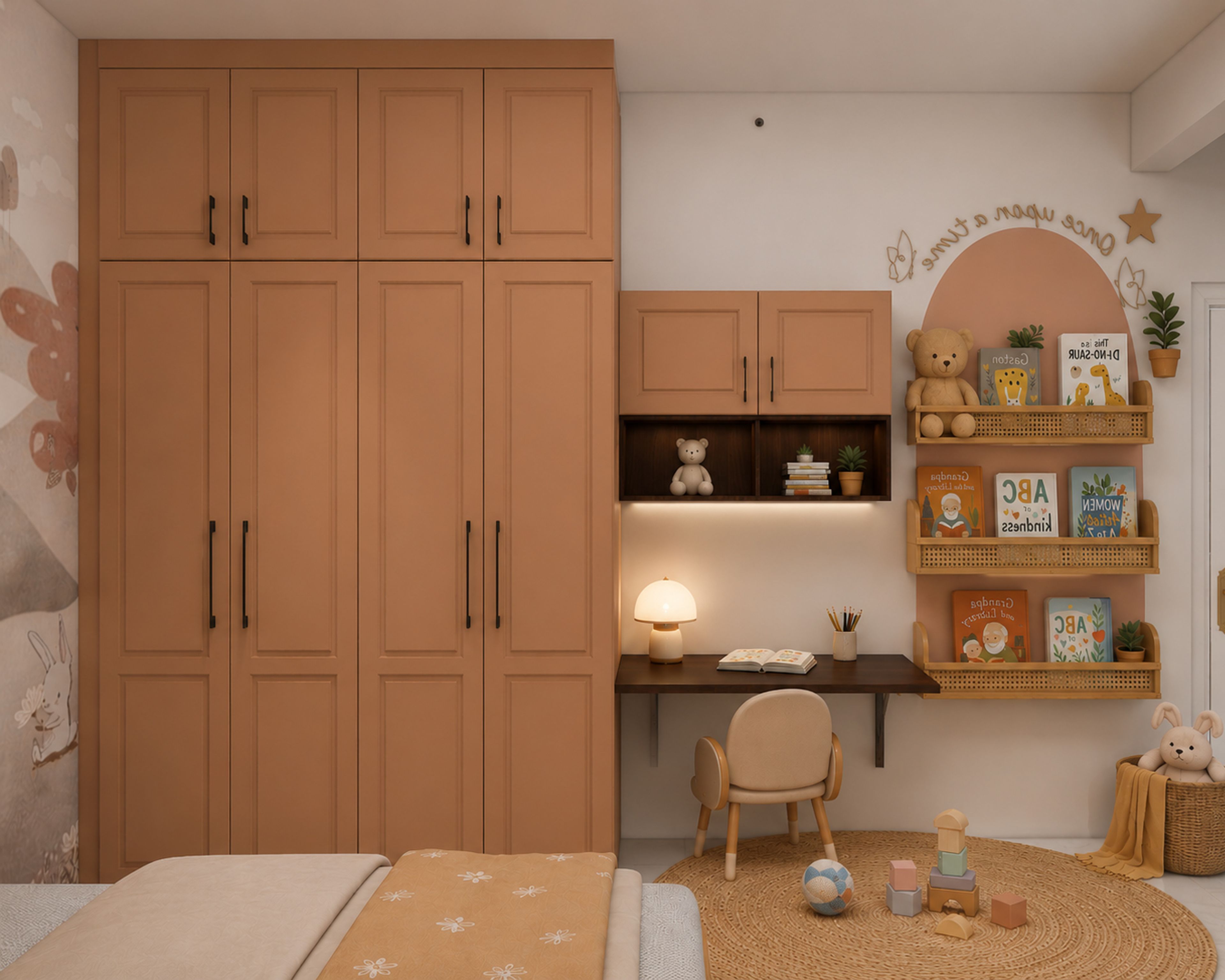 Modern Alpaca Terracotta Swing Wardrobe Design with Study Corner