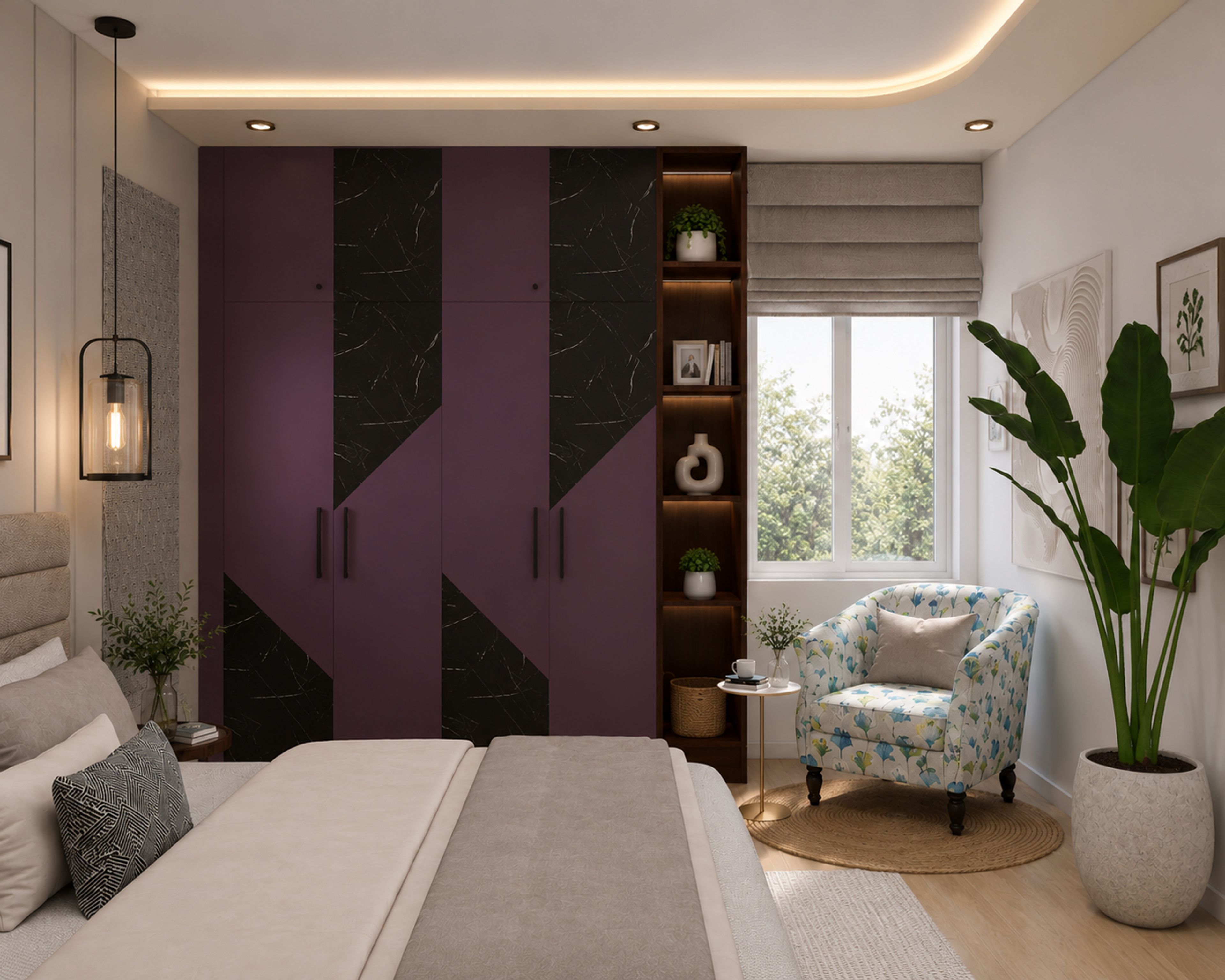 Contemporary Enigma Plum Swing Wardrobe Design with Marble Panels