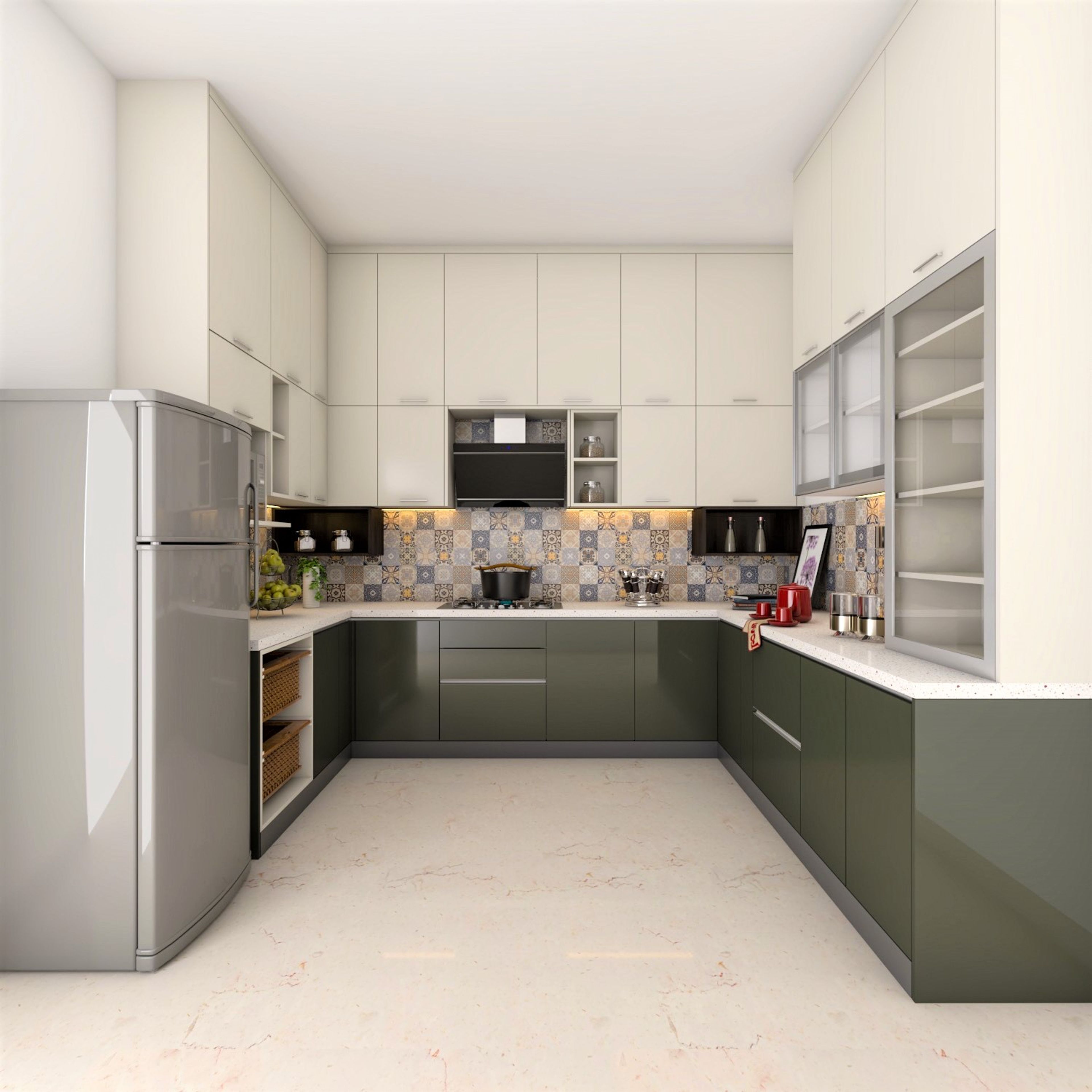 Contemporary White and Green Kitchen with Neat Storage