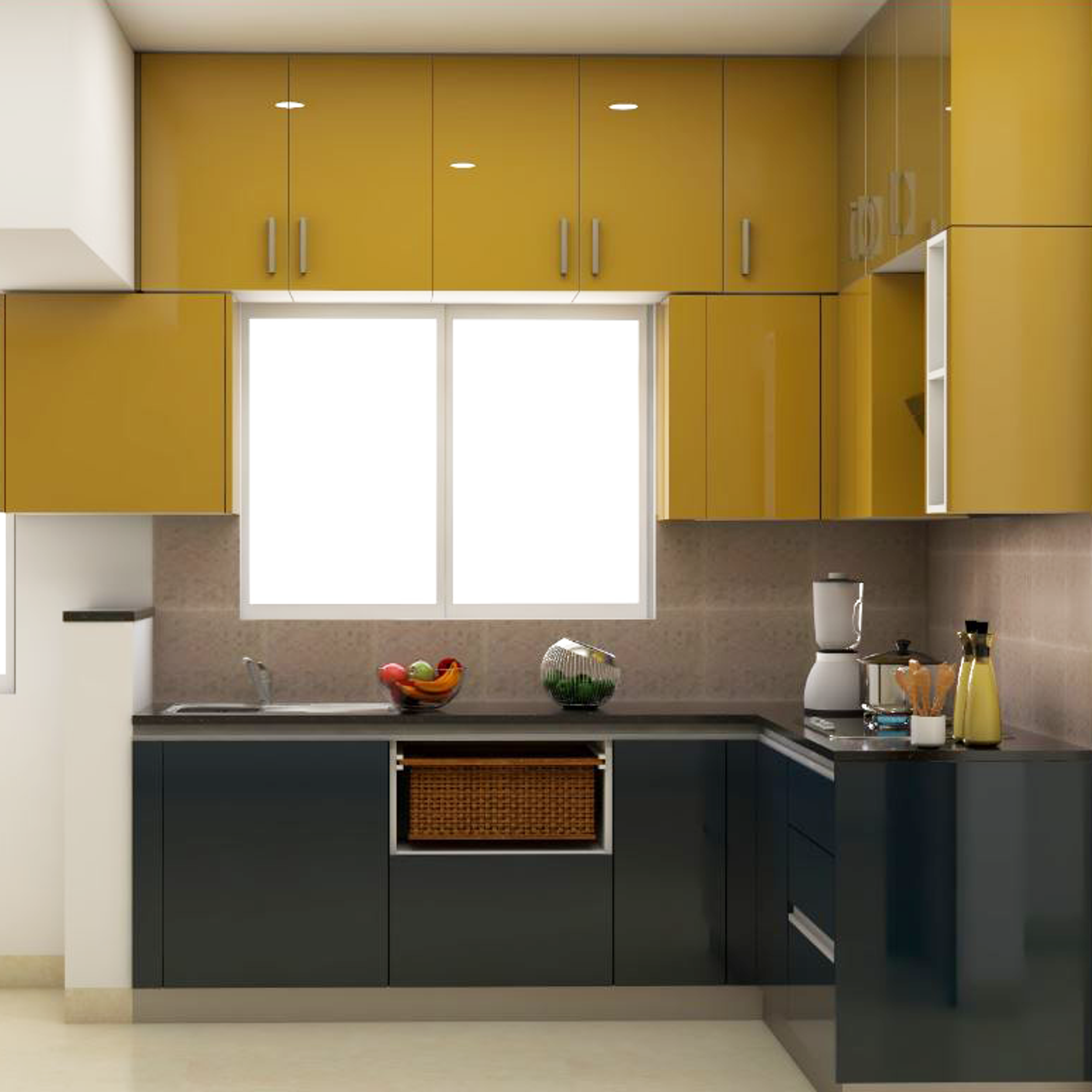 Budget Kitchen with Mustard Coloured Cabinets
