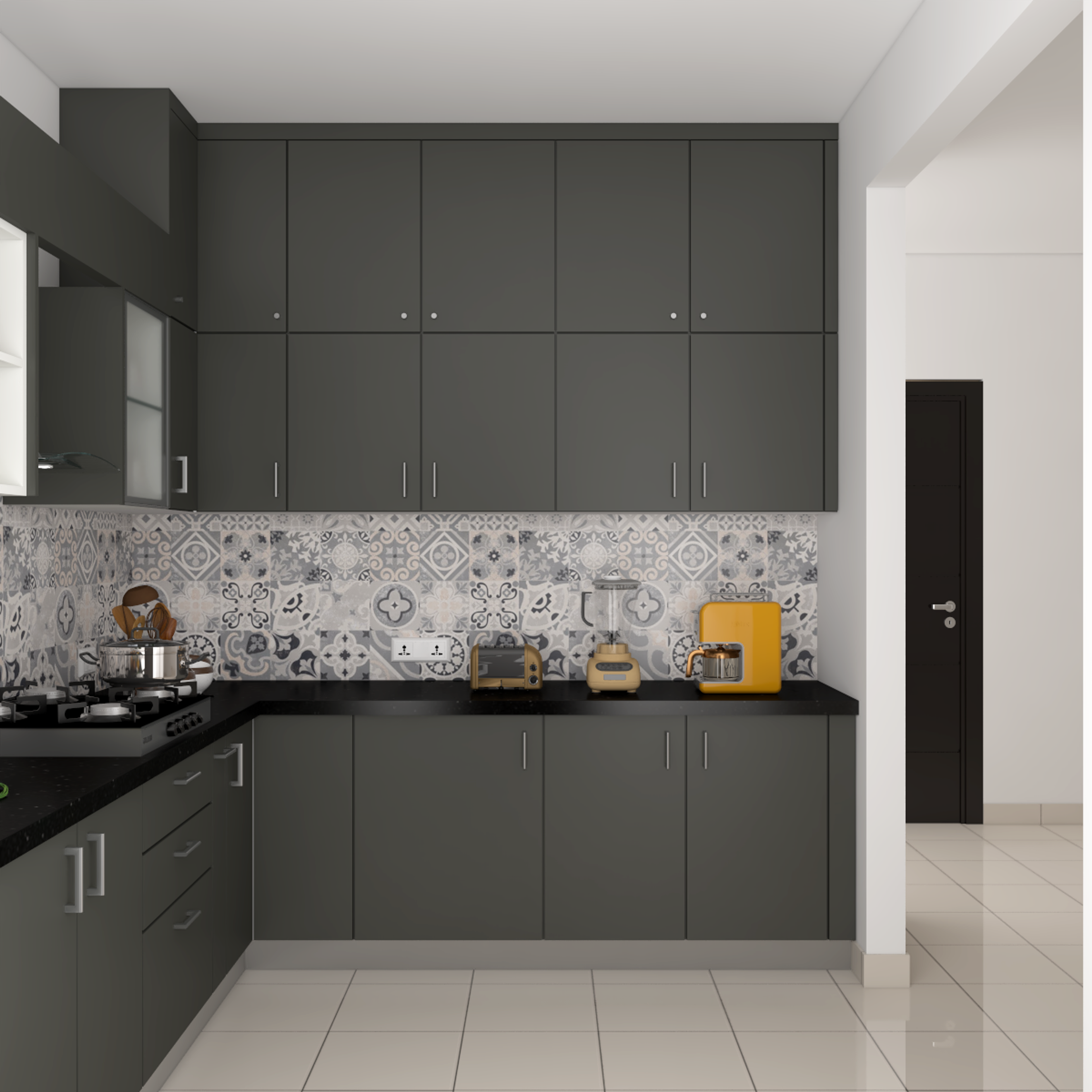 Contemporary Dark Grey Laminate Kitchen - Livspace
