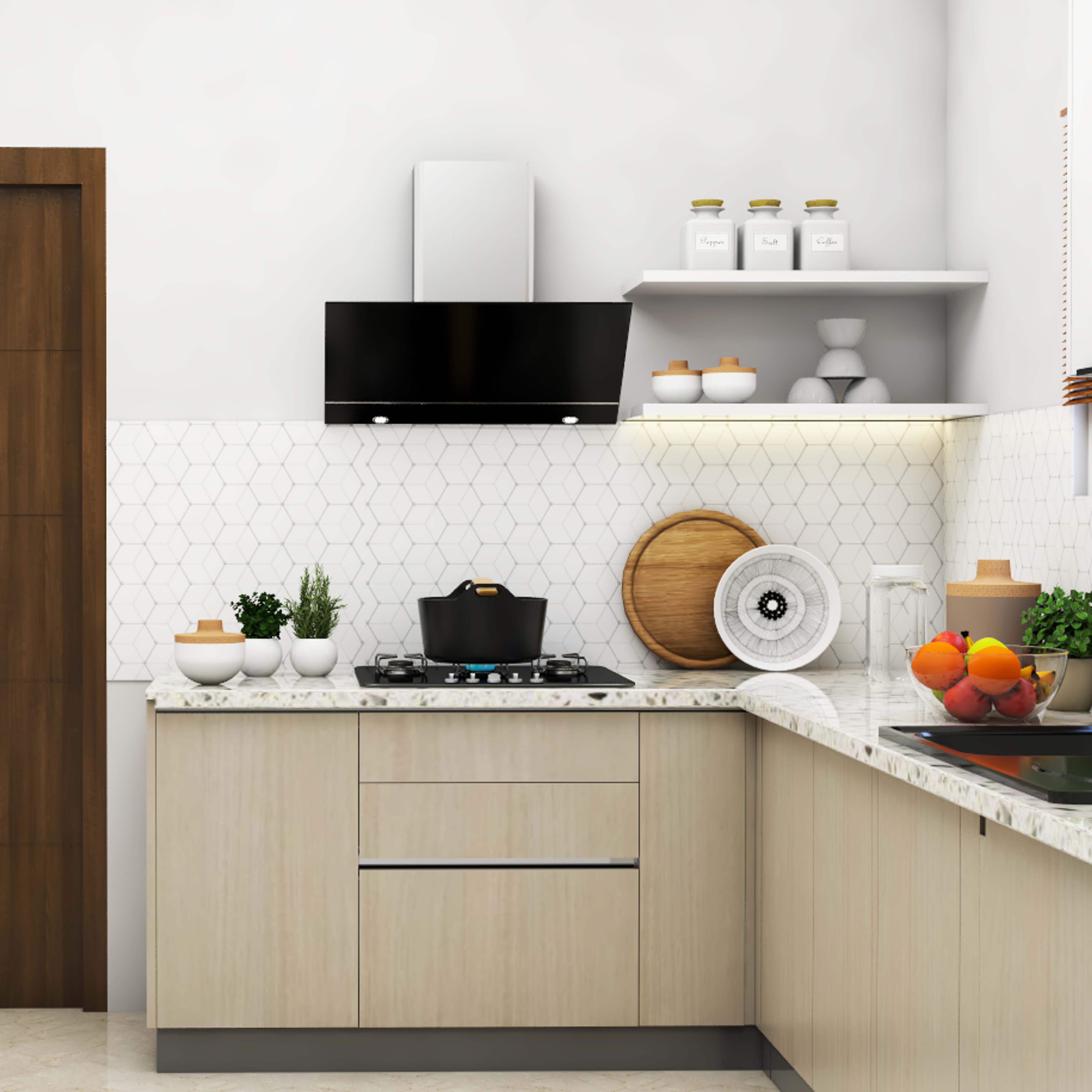 Compact Budget Kitchen with Suede Laminates - Livspace