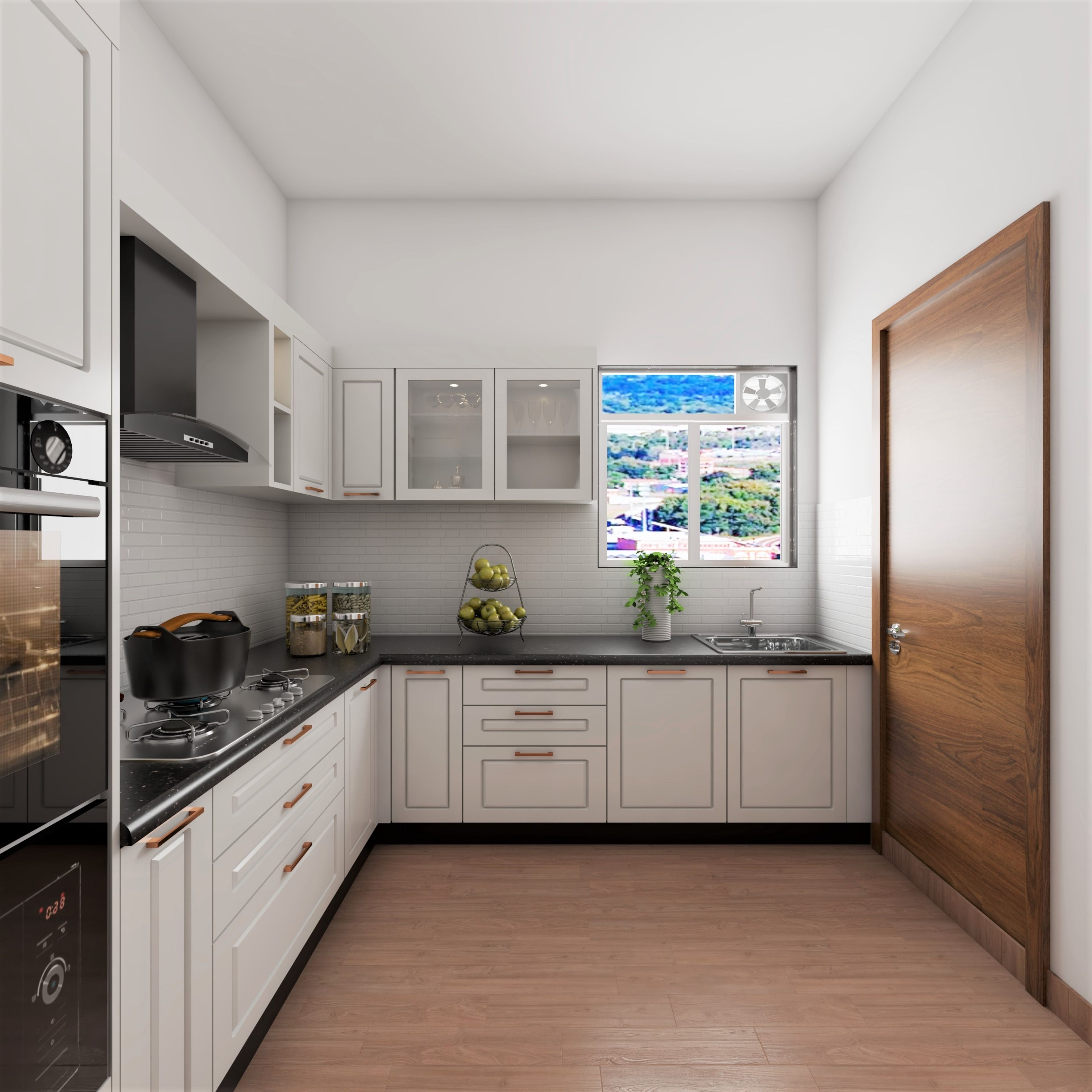 Contemporary White Kitchen with Wooden Flooring