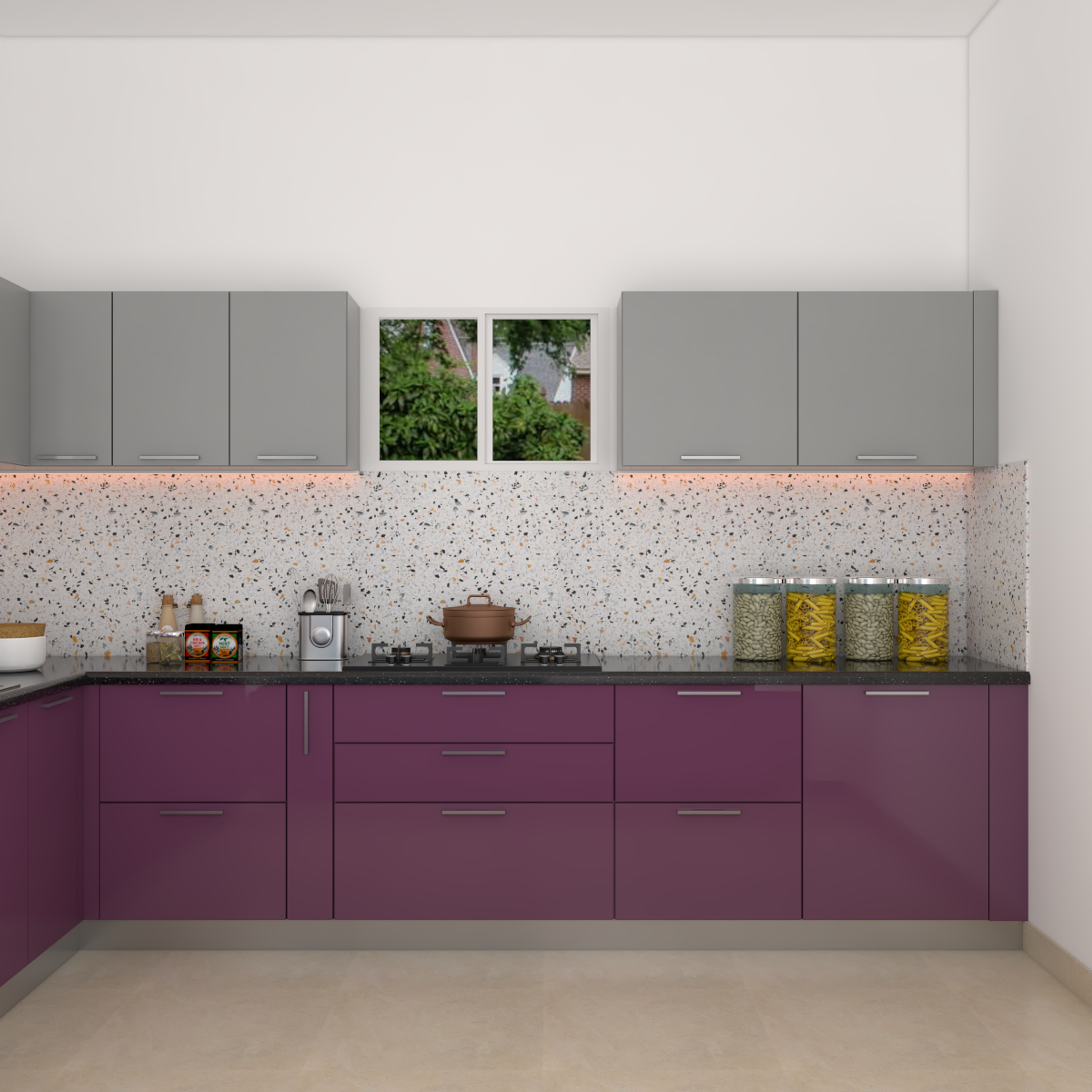 Purple Kitchen with Mosaic Tiles