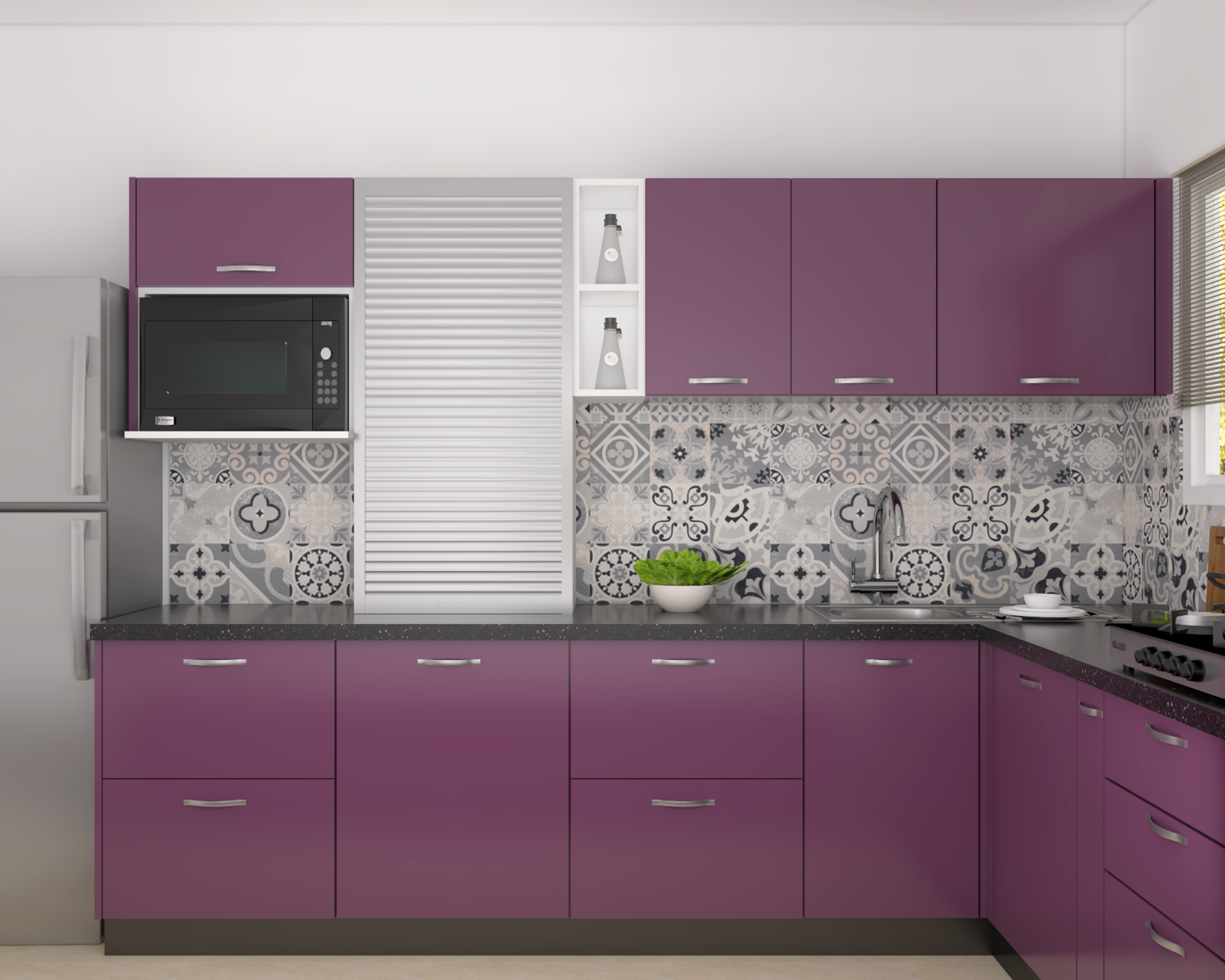L-Shaped Magenta Kitchen