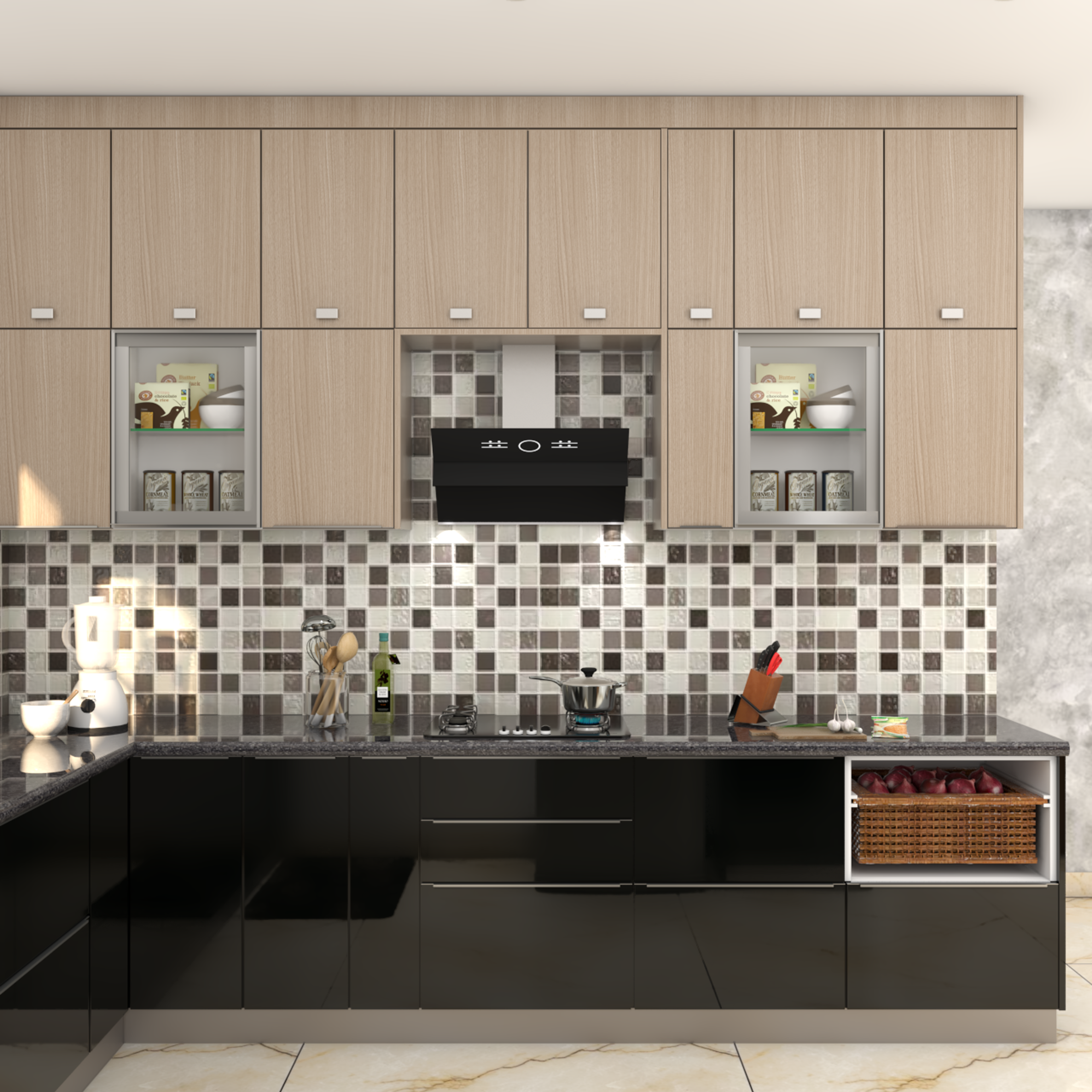 Premium Kitchen with Black and Wooden Textures