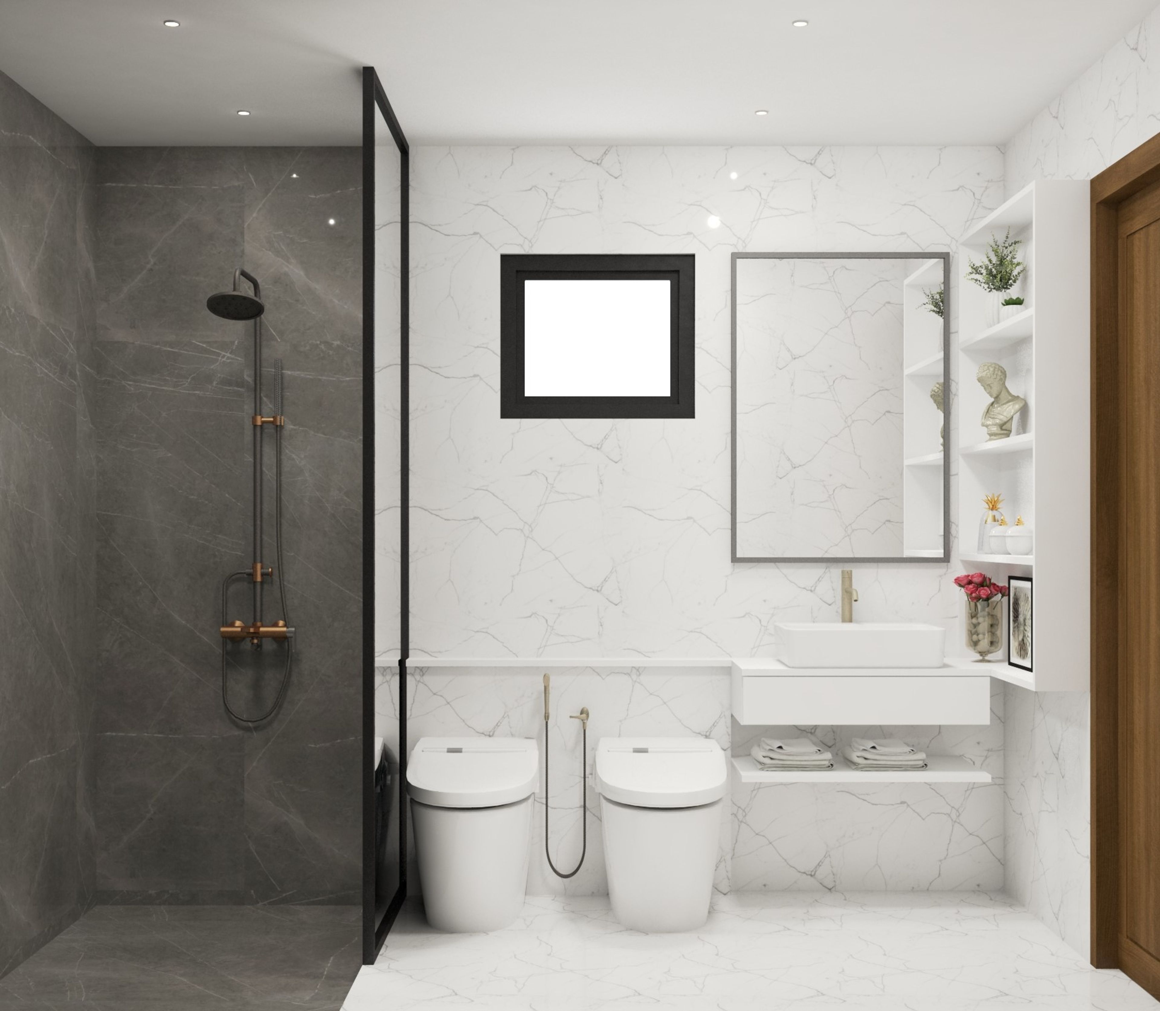 White & Grey Themed Bathroom Design With Separate Shower Area - Livspace
