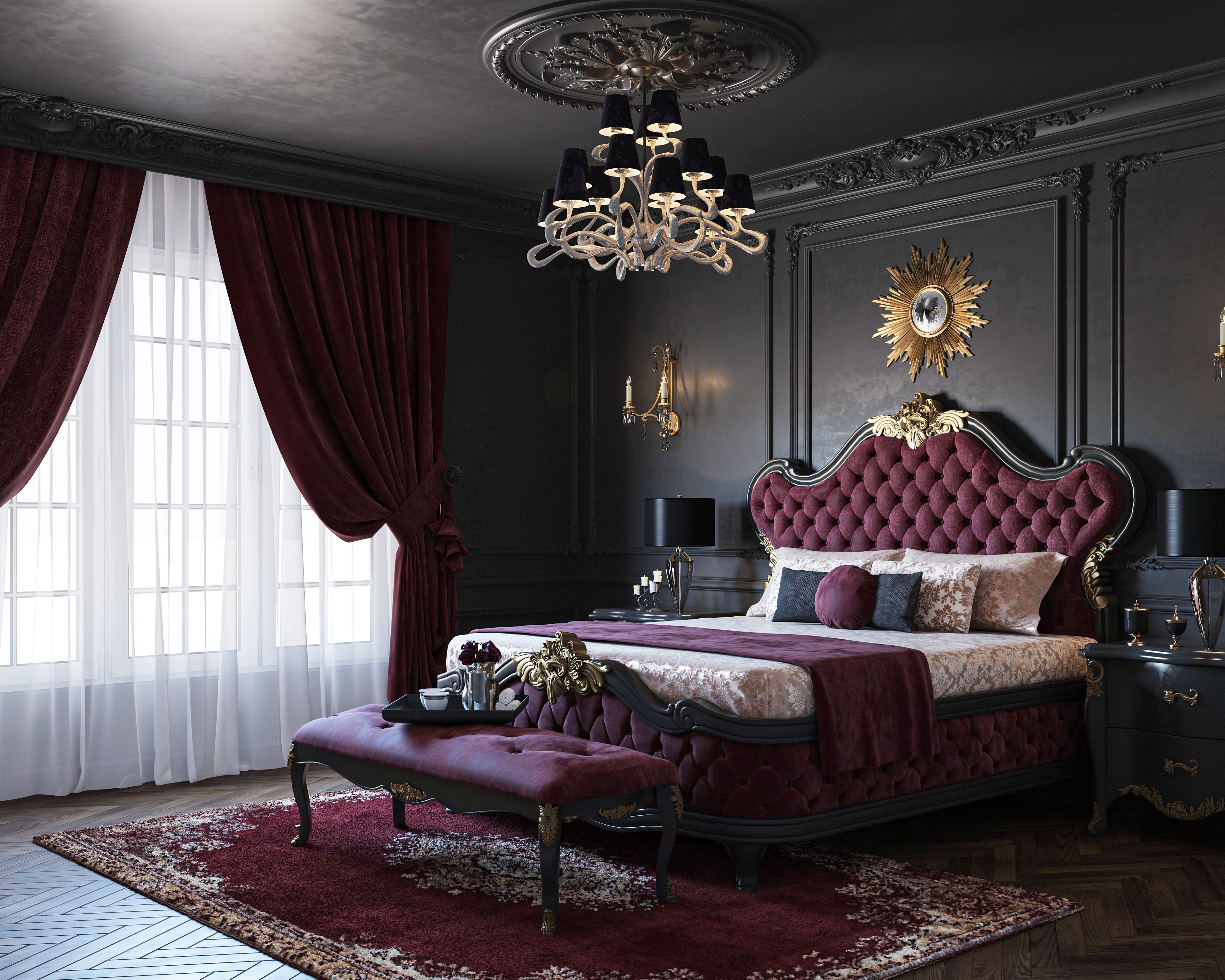 Classic Dark Grey And Maroon Master Bedroom Design