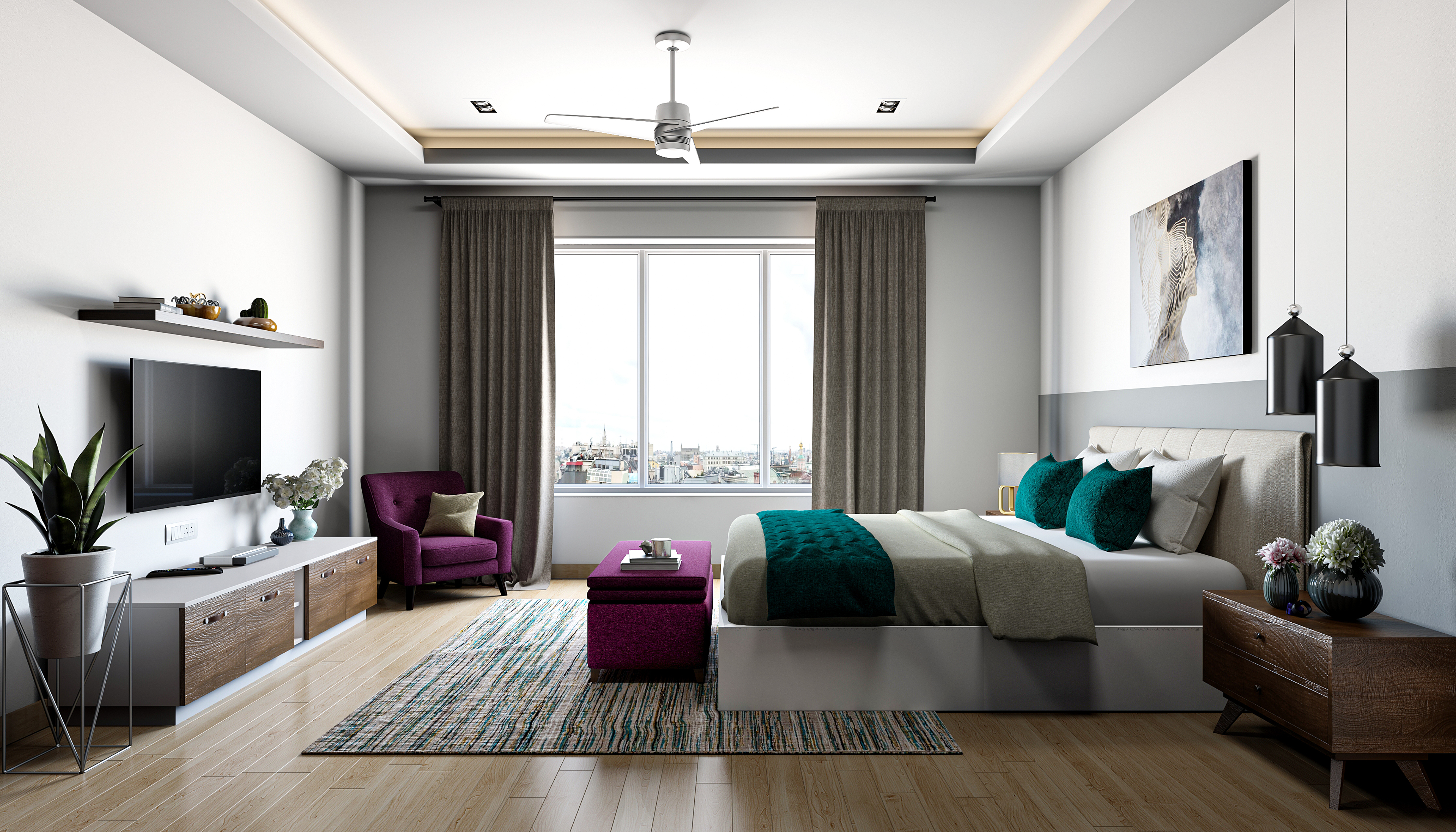 Grey And White Modern Style Spacious Master Bedroom