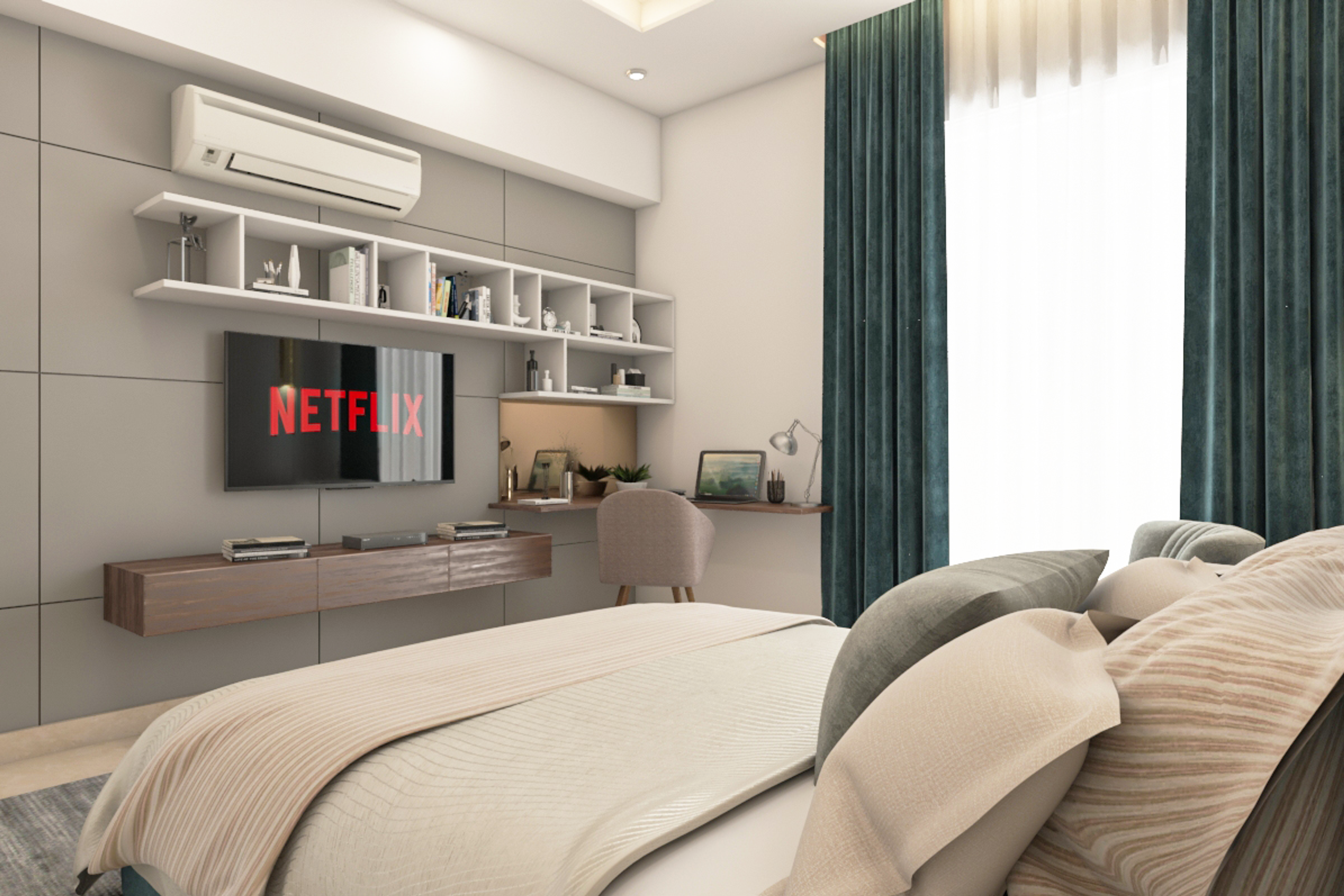 Teal-Coloured Contemporary Master Bedroom - Livspace