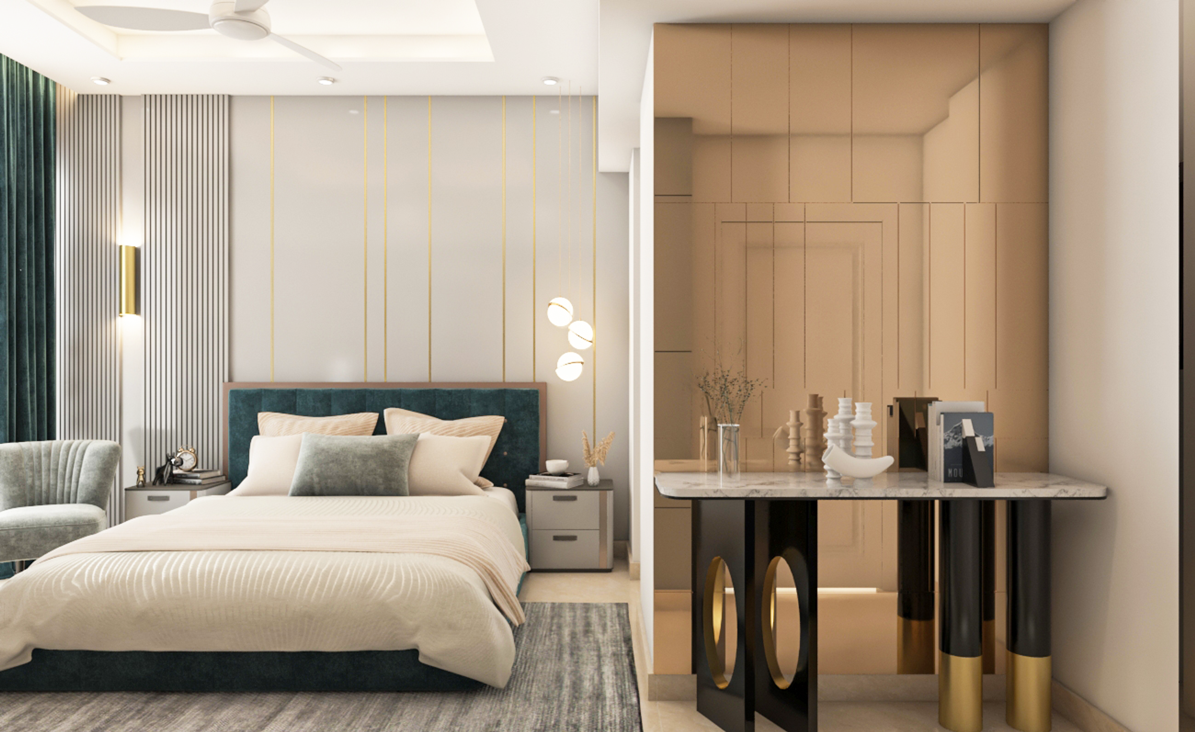 Teal-Coloured Contemporary Master Bedroom - Livspace