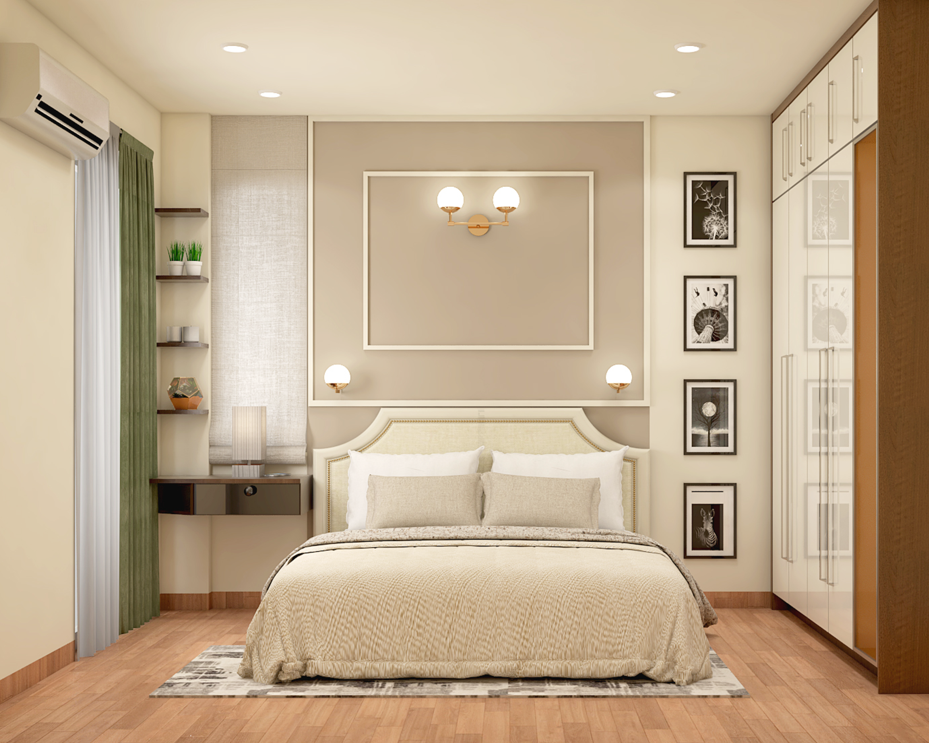 Classic Bedroom Design With Beige Wallpaint