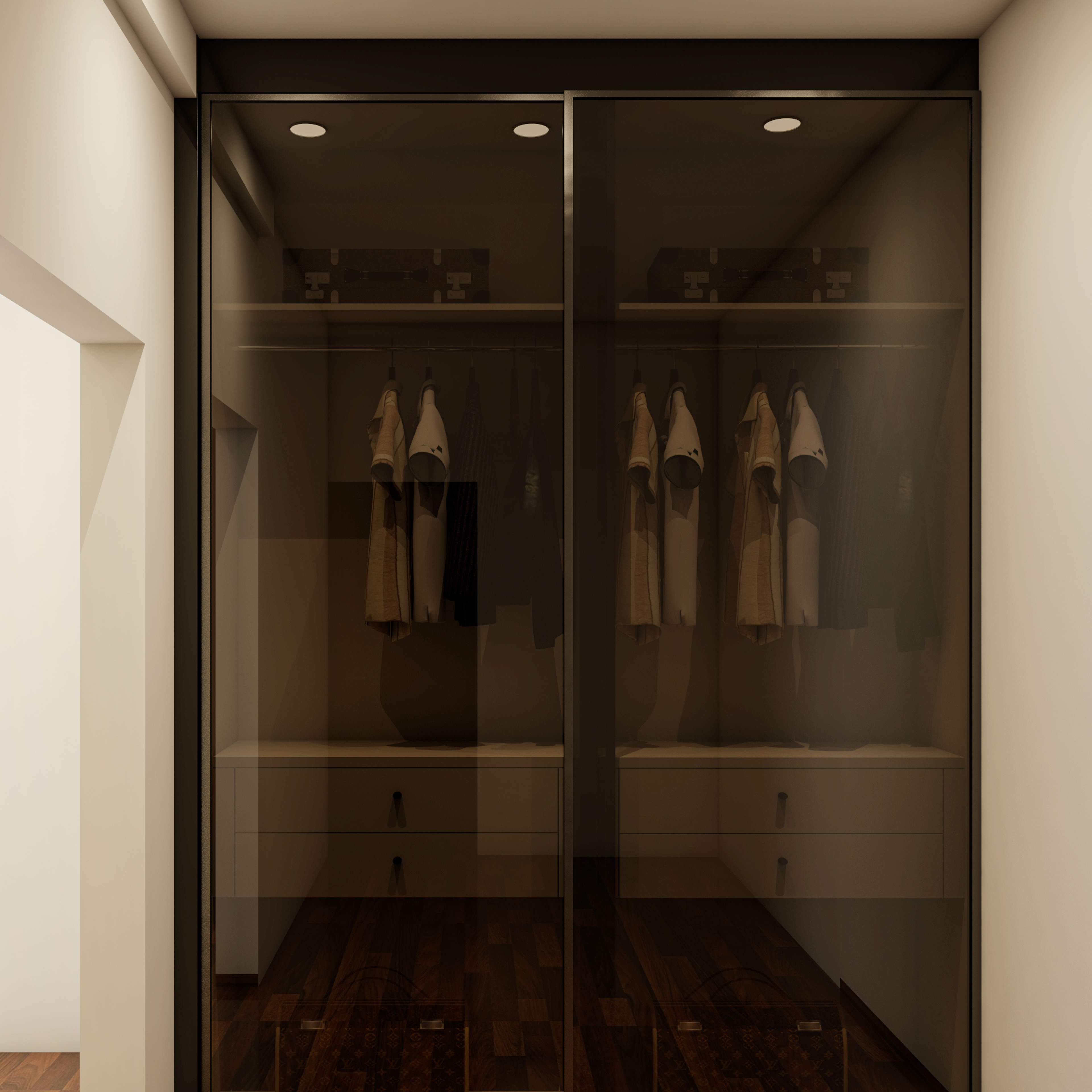 Contemporary Bedroom Design In Beige And White With False Ceiling And Wallpaper