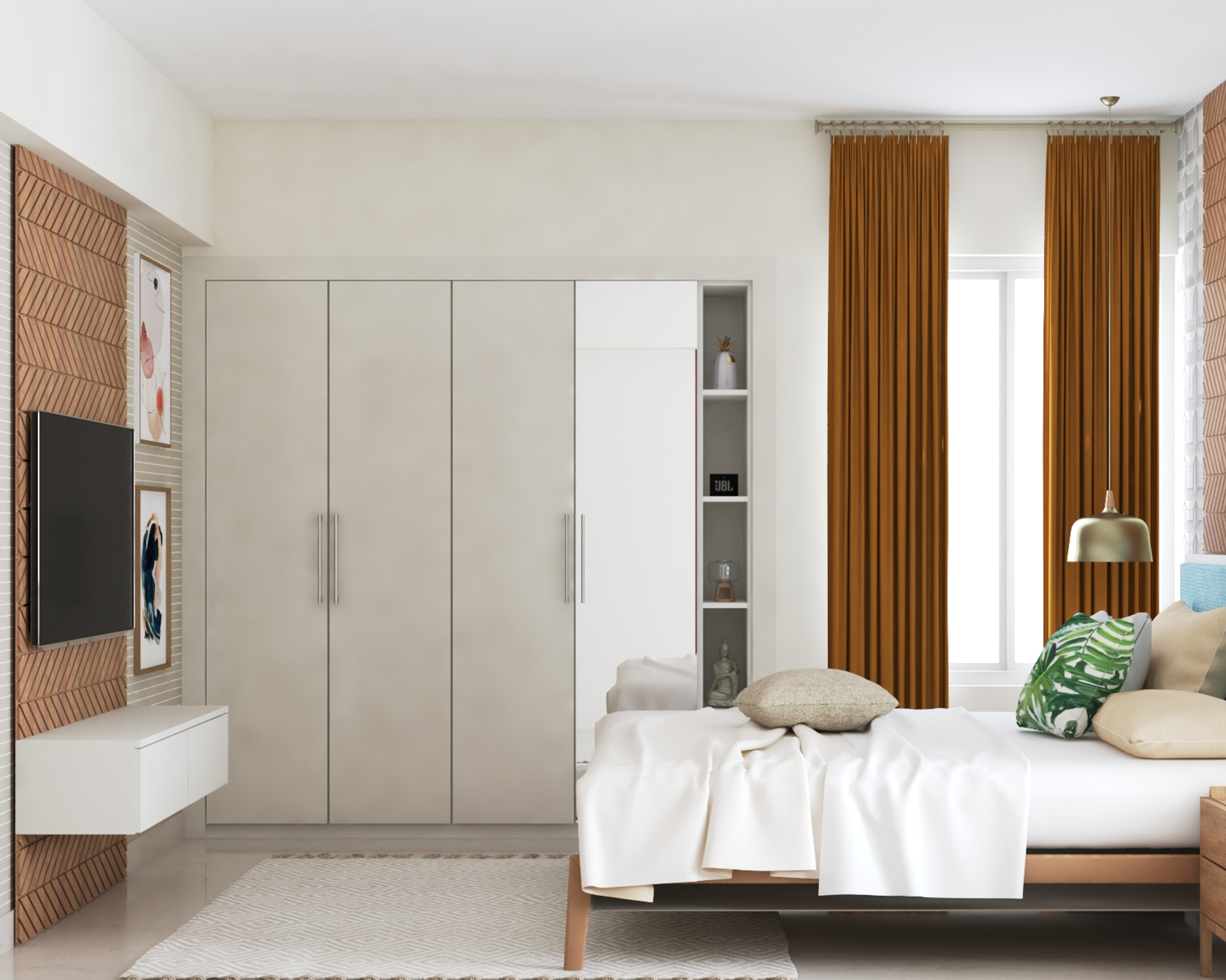 Modern Style Spacious Master Bedroom With Grey And White Swing Wardrobe