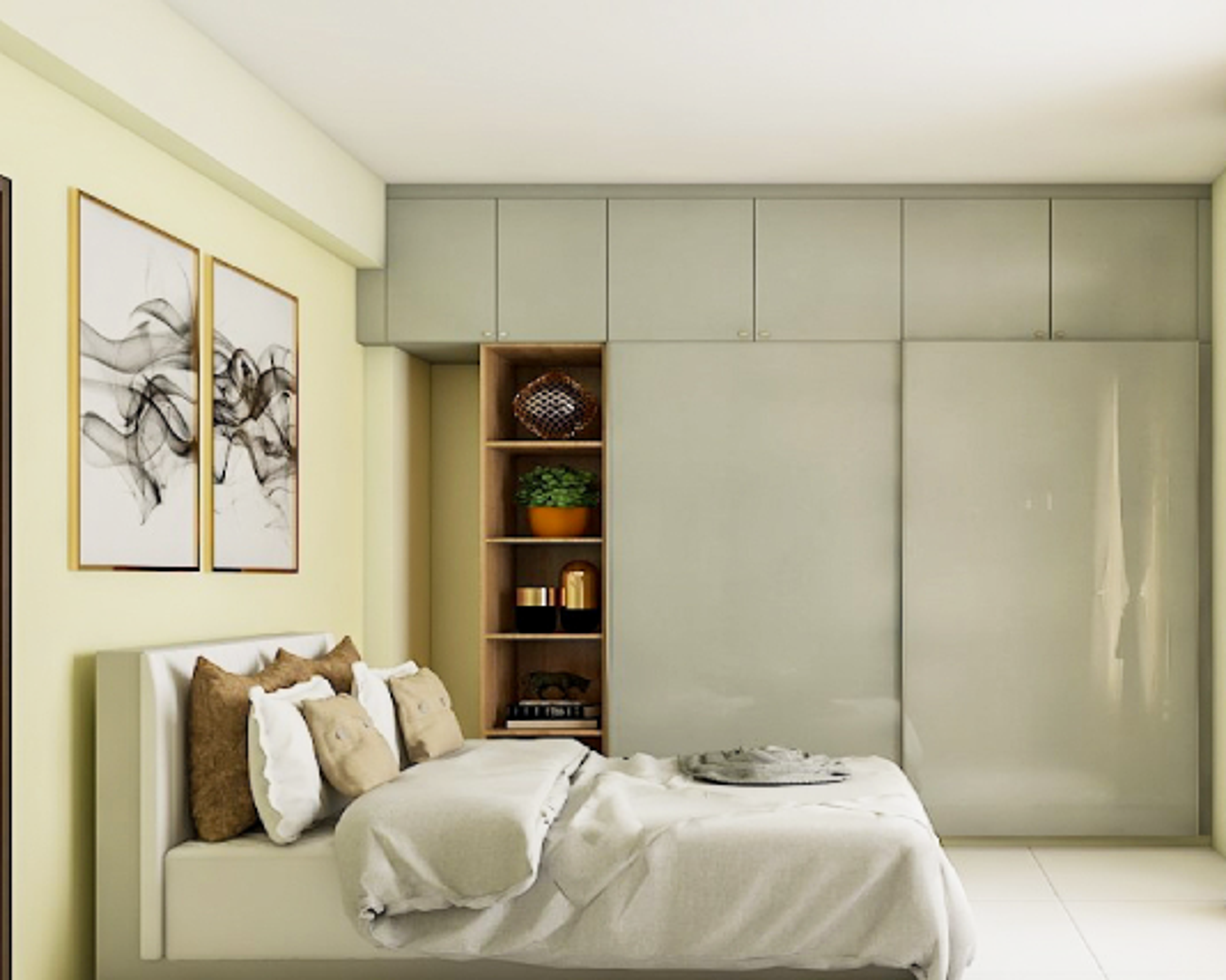 Modern Style Spacious Master Bedroom With Light Green Sliding Wardrobe