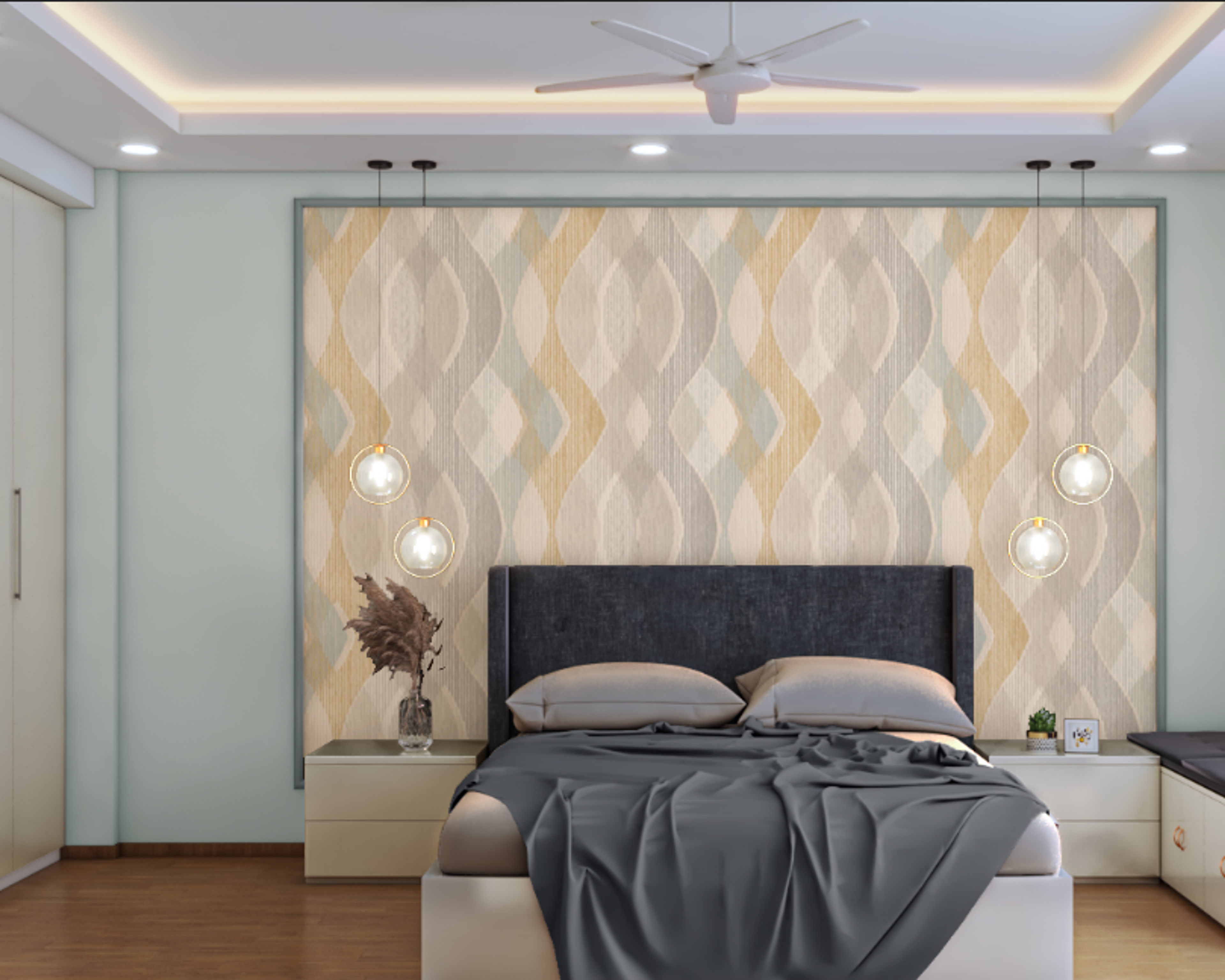 Modern Style Spacious Master Bedroom With Blue Accent Wall