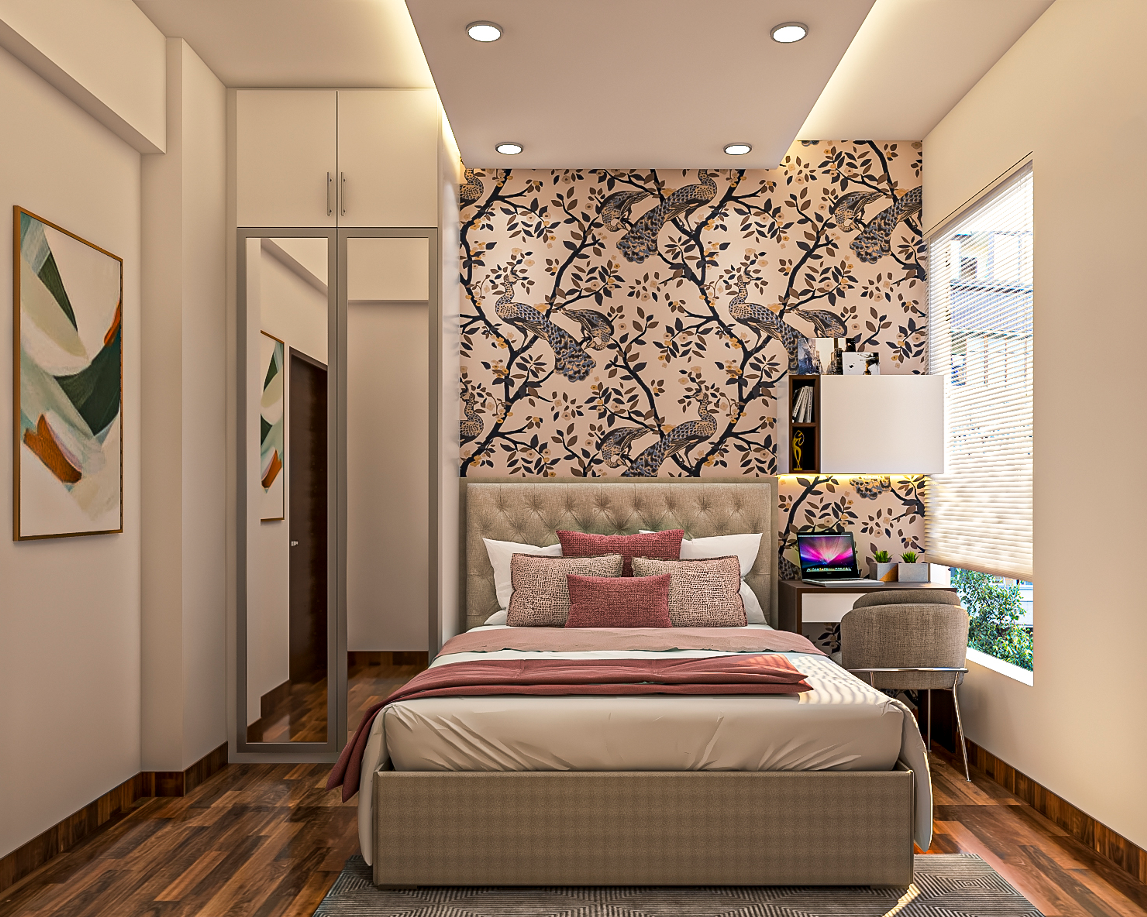 Modern Style Spacious Master Bedroom With Peacock Wallpaper