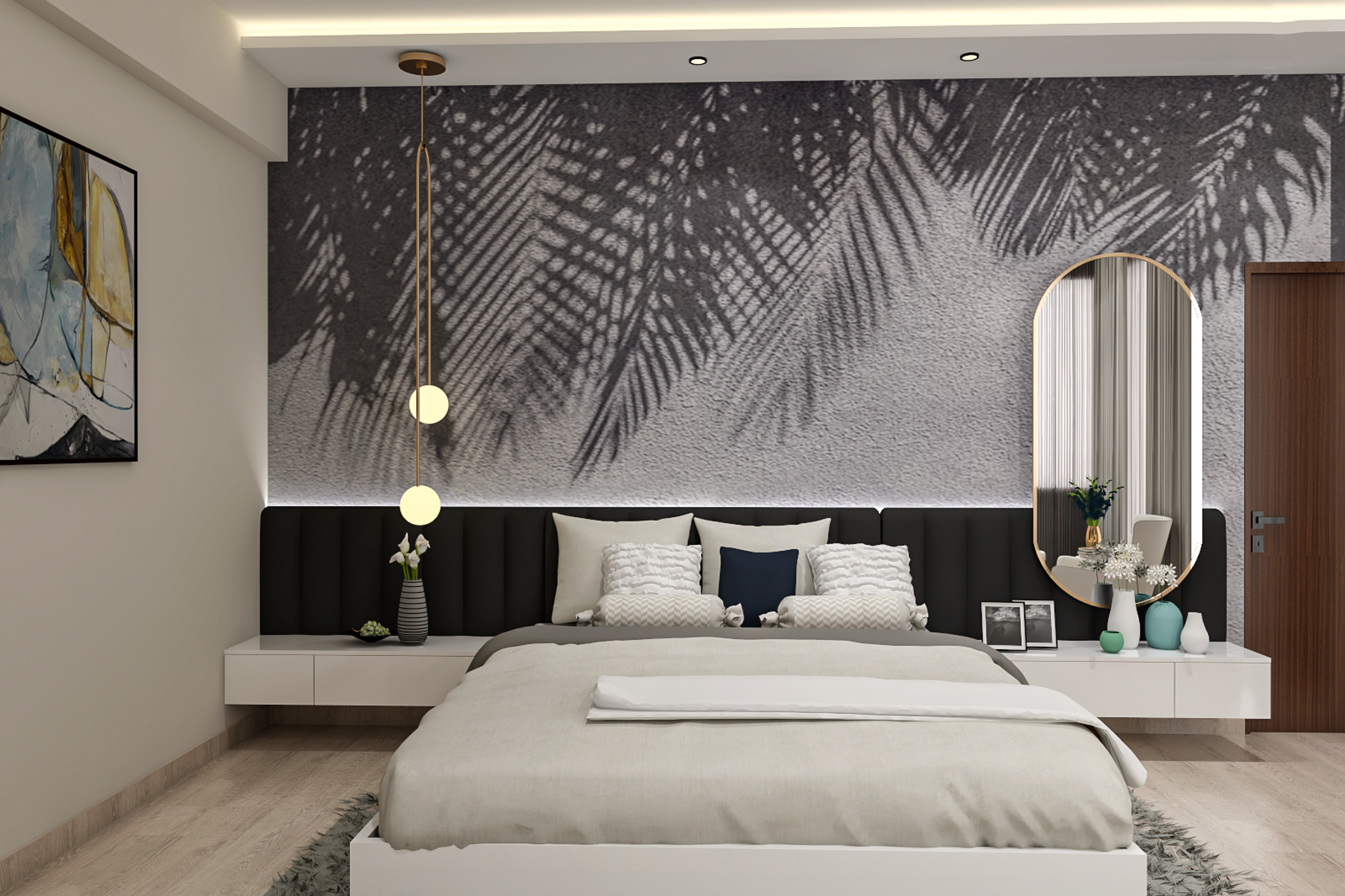 Classic Master Bedrom Design With Textured Leafy Wallpaper