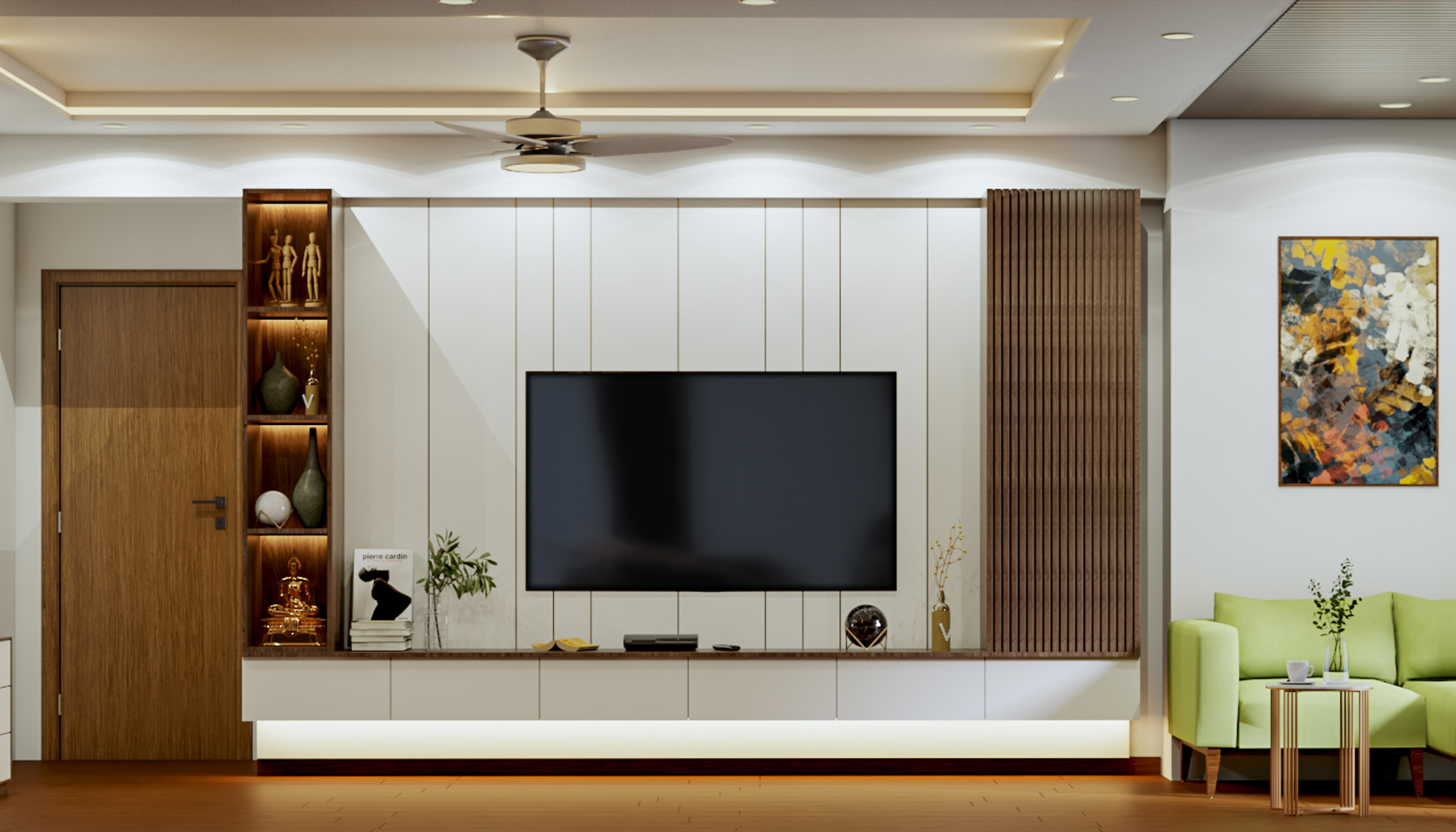 Classic Master Bedroom Design With Wooden Floor And False Ceiling