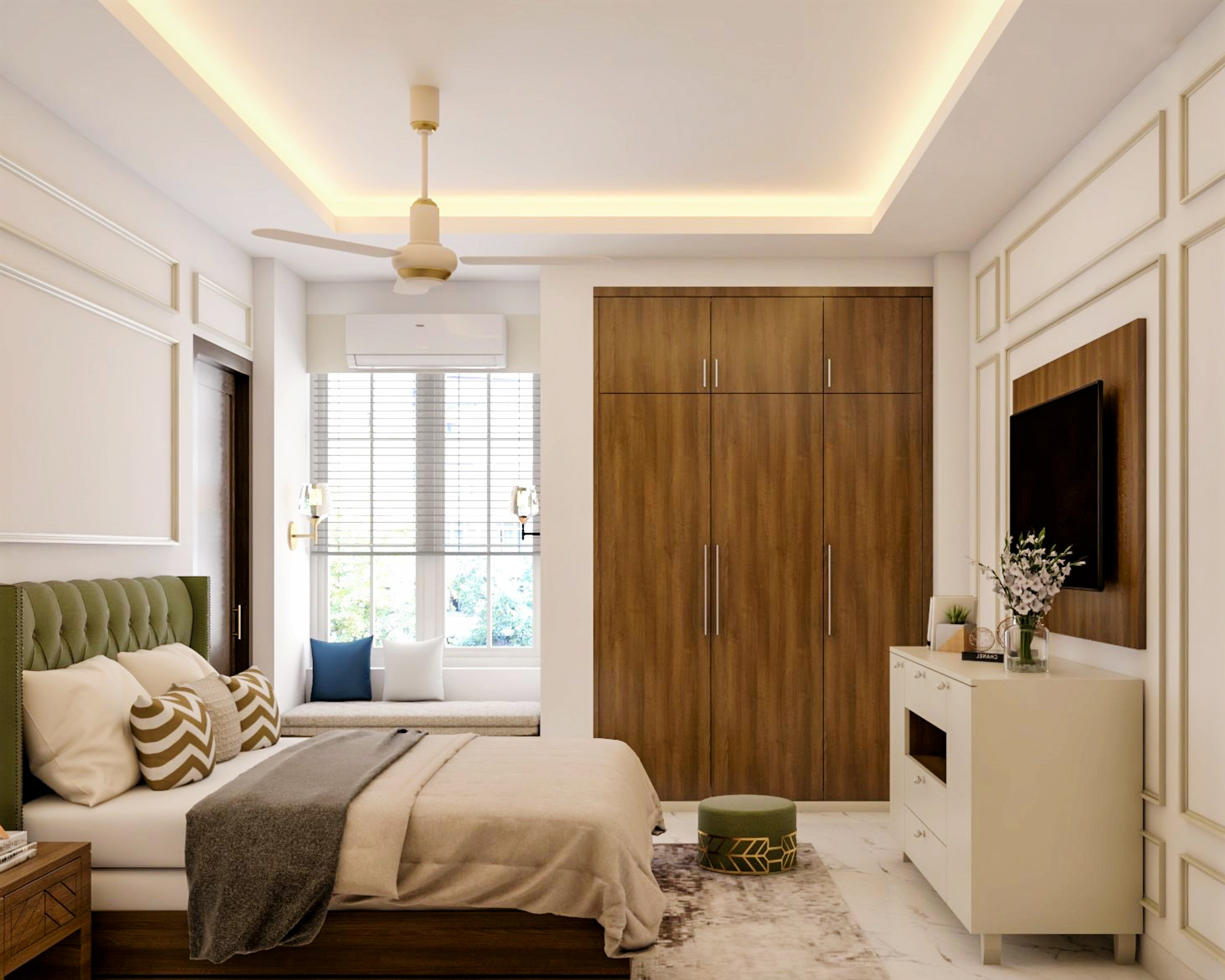 Modern Style Spacious Master Bedroom With White Wall Trims