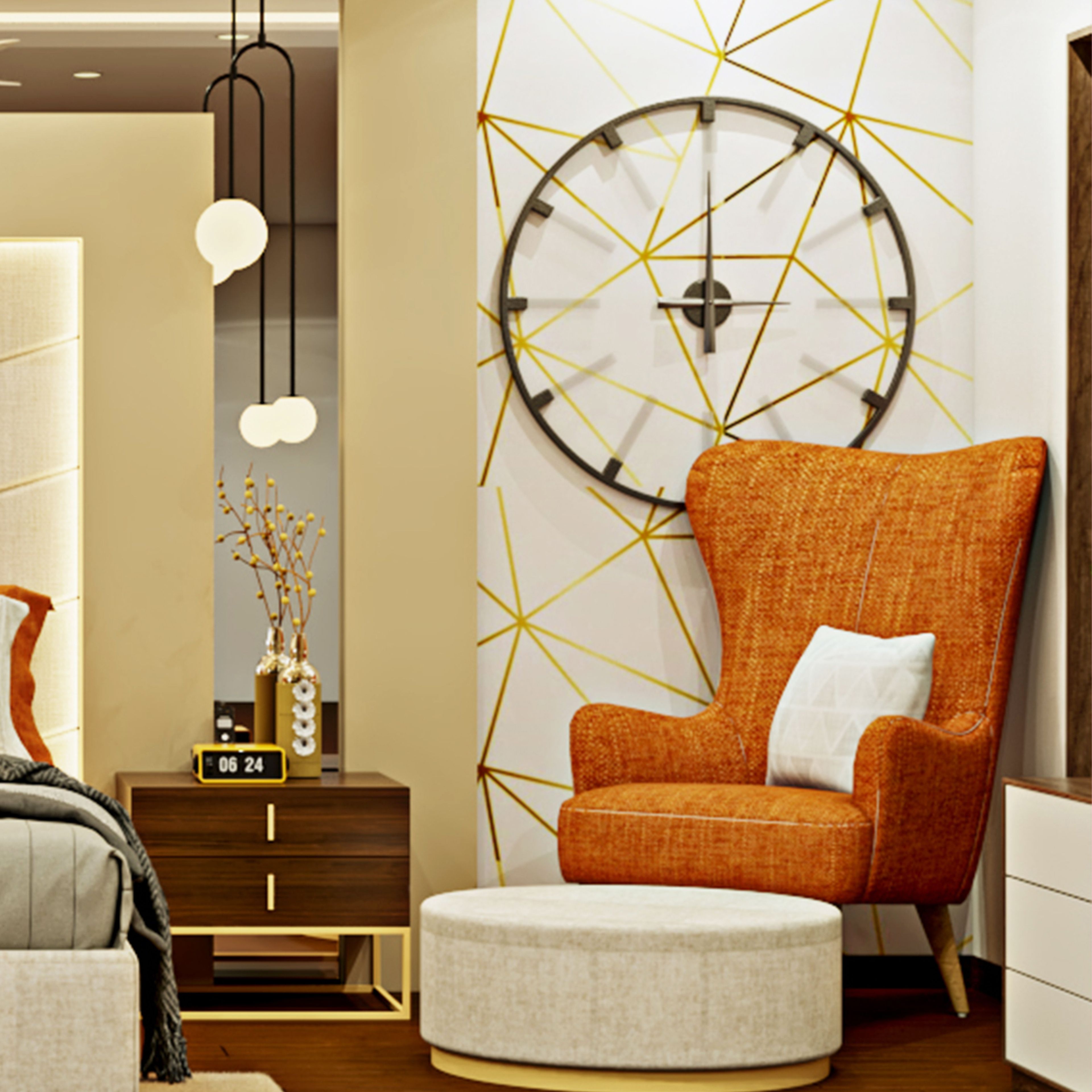 Modern Style Spacious Master Bedroom With Orange Accent Chair