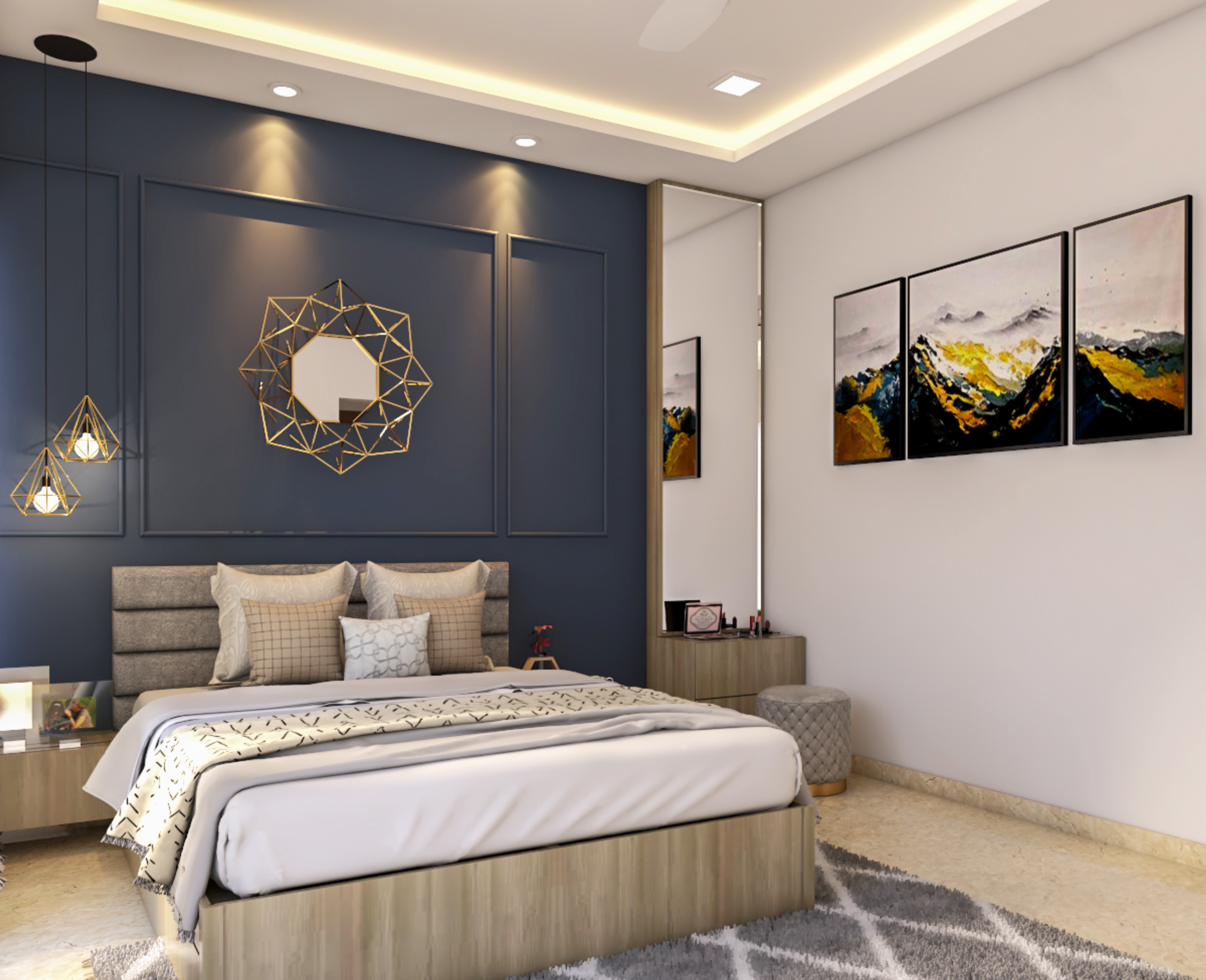 Classic Master Bedroom Design With White Wardrobe And False Ceiling