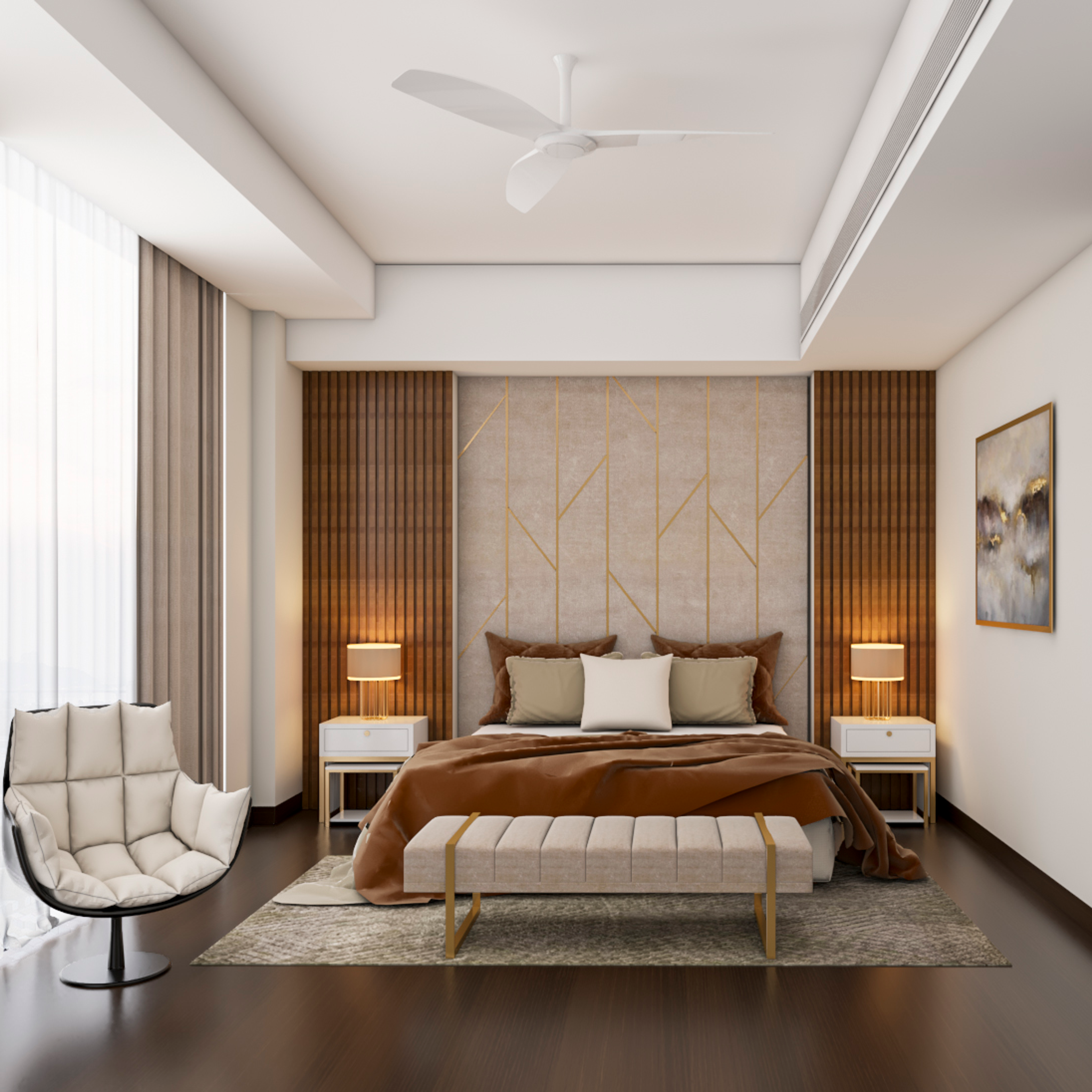 Classic Brown And White Bedroom With Tile And Wall Design