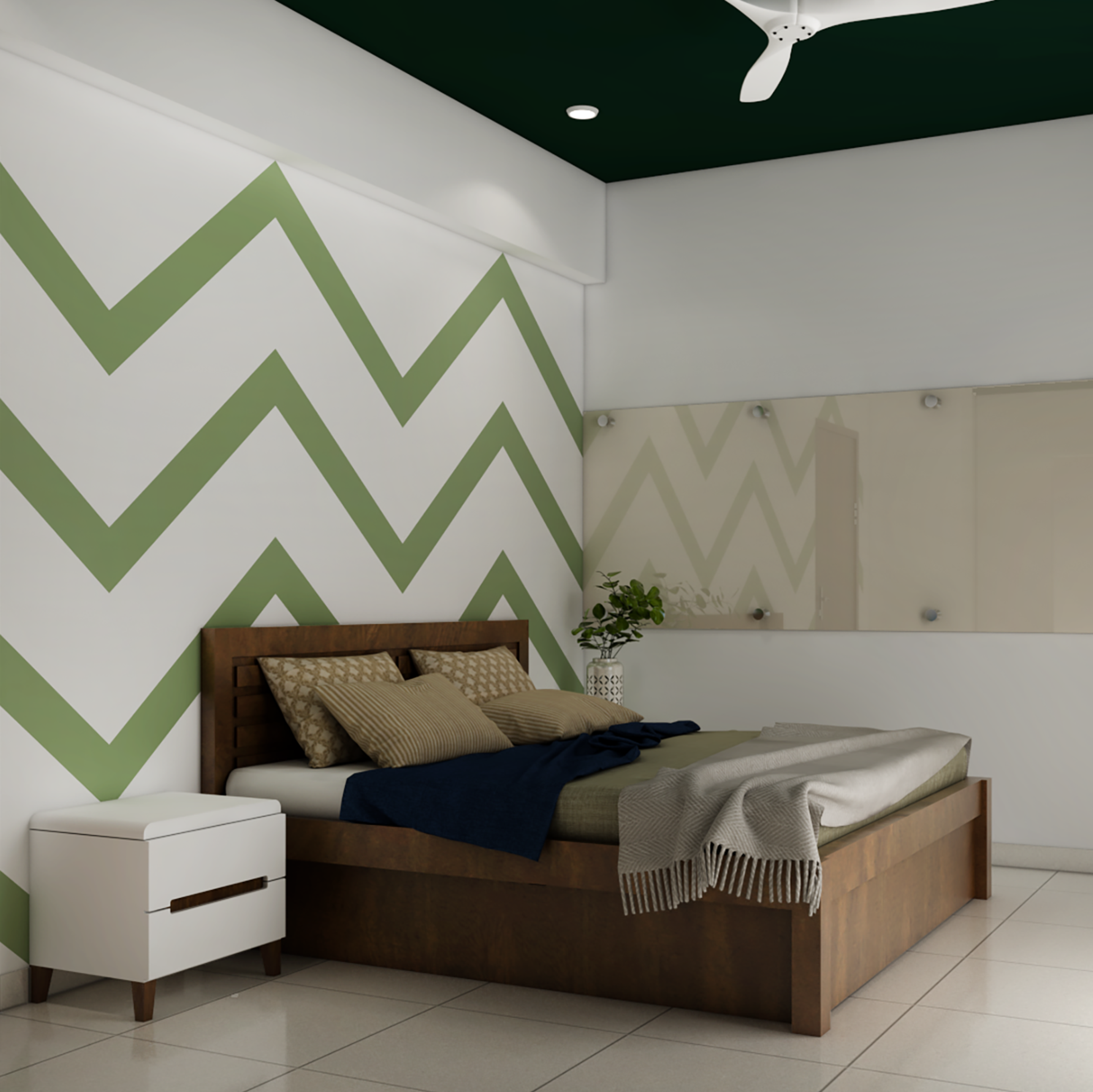 Modern Master Bedroom Design With Zig Zag Wall Paint