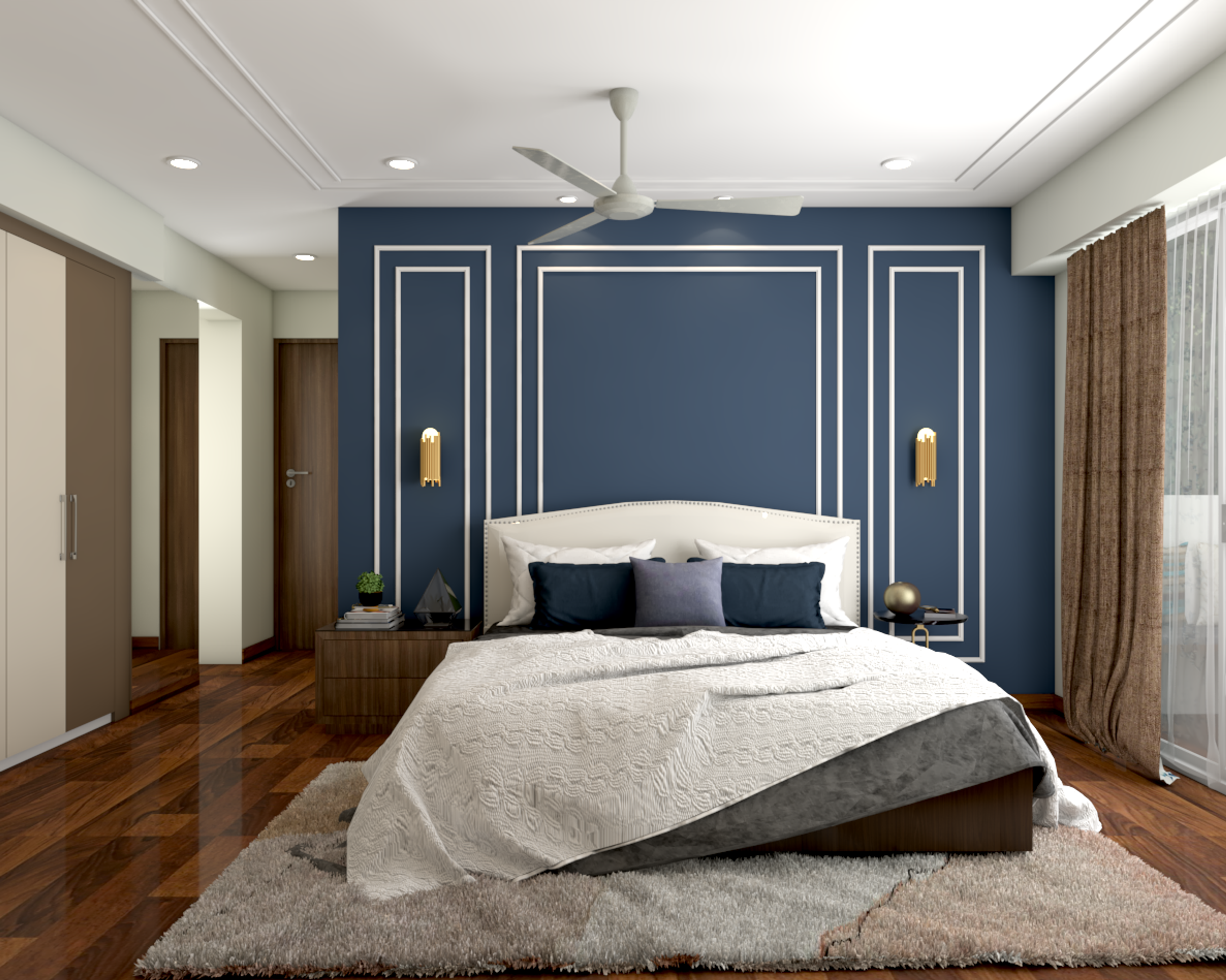 Spacious White And Blue Bedroom Design With Wallpaint