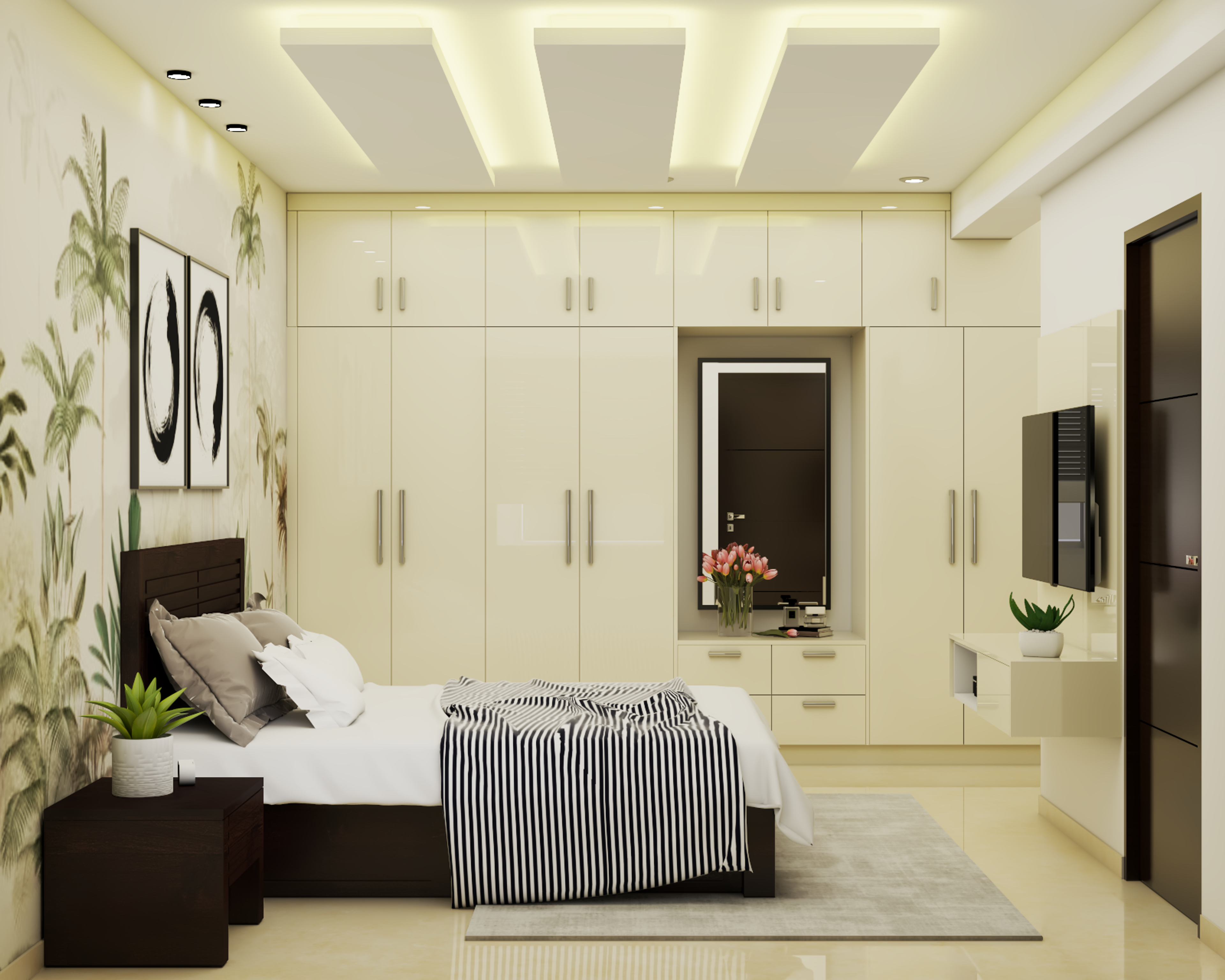 Modern Master Bedroom Design With Tropical Wallpaper