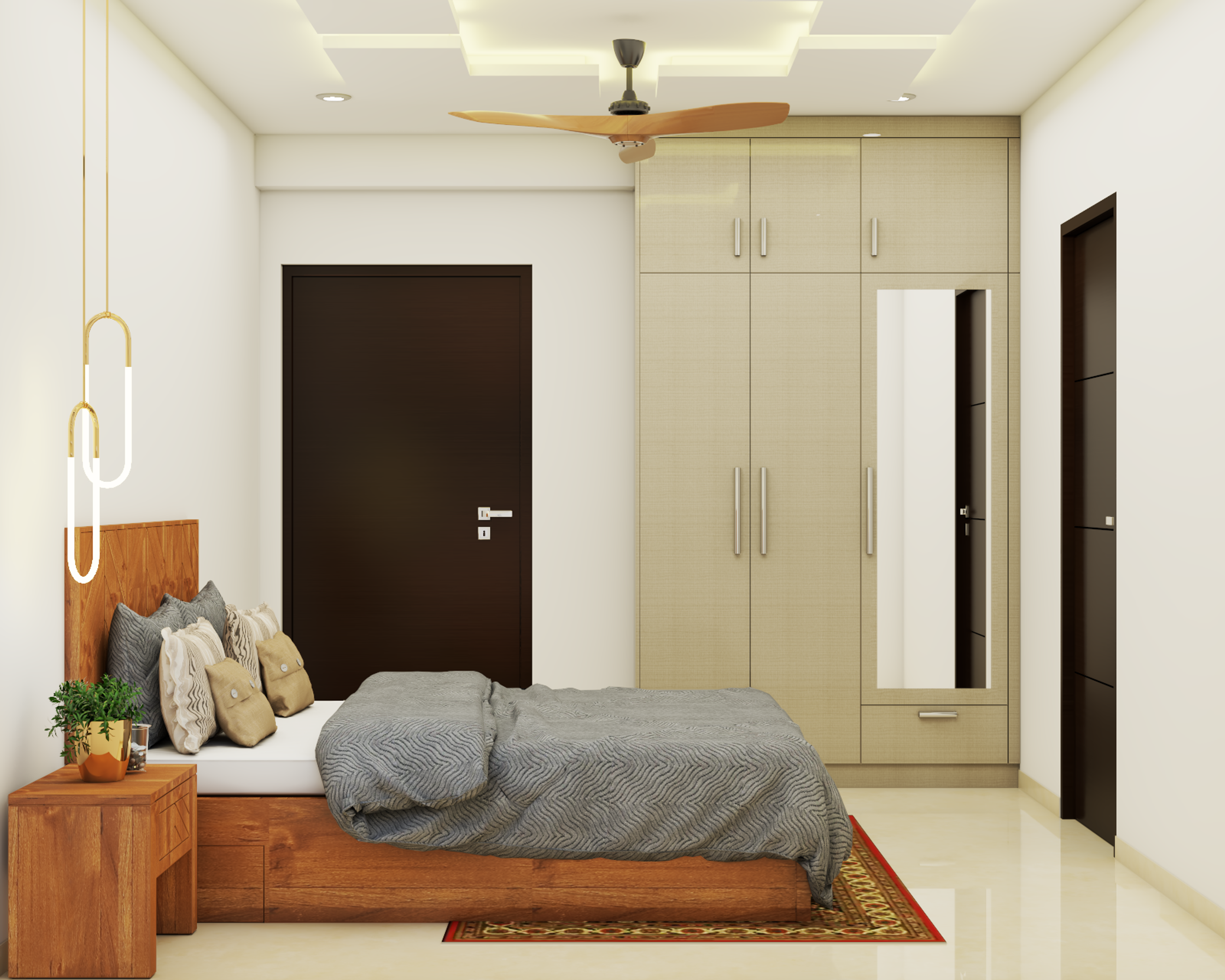 Modern Master Bedroom Design With False Ceiling And Beige Wardrobe